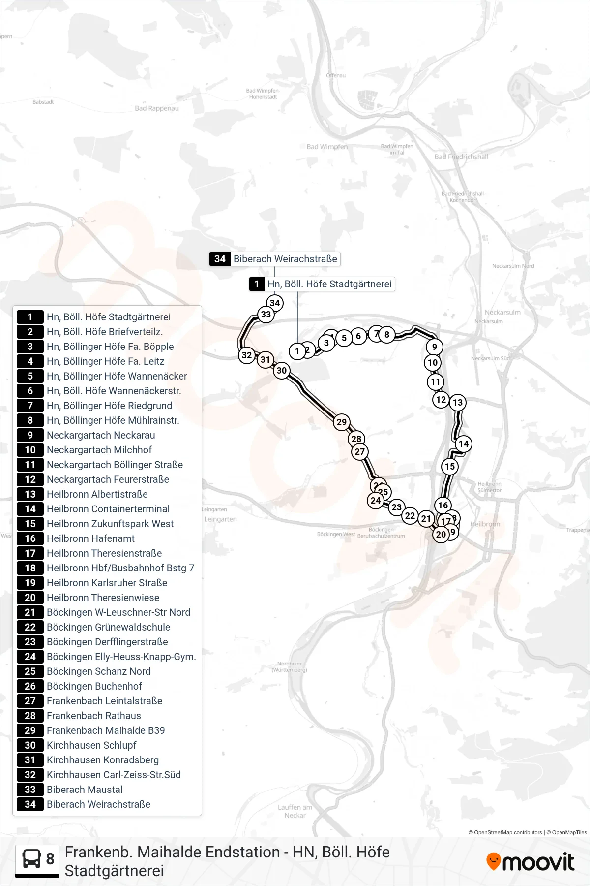 8 bus Line (Biberach Weirachstraße) route and stops on a map