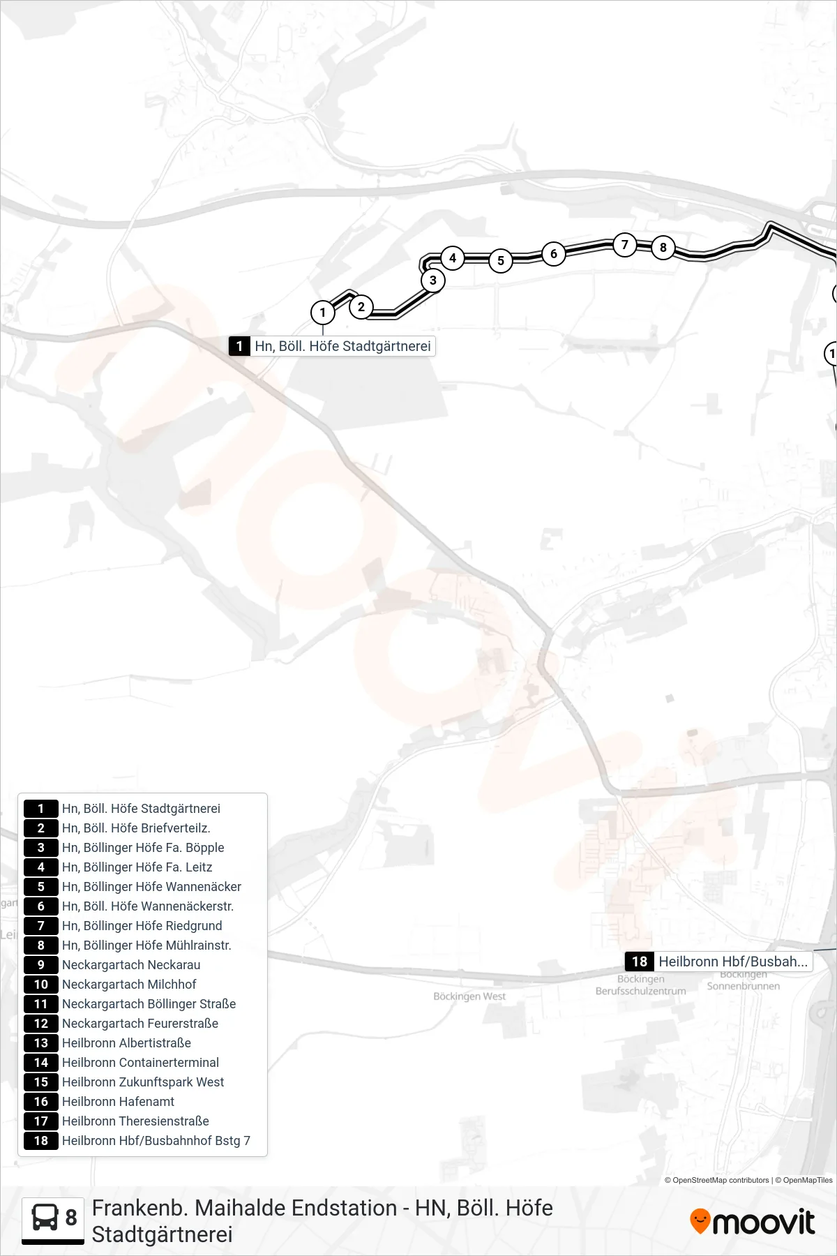 Linie 8 (Bus) Richtung Heilbronn Hbf/Busbahnhof: Route und Haltestellen auf der Karte
