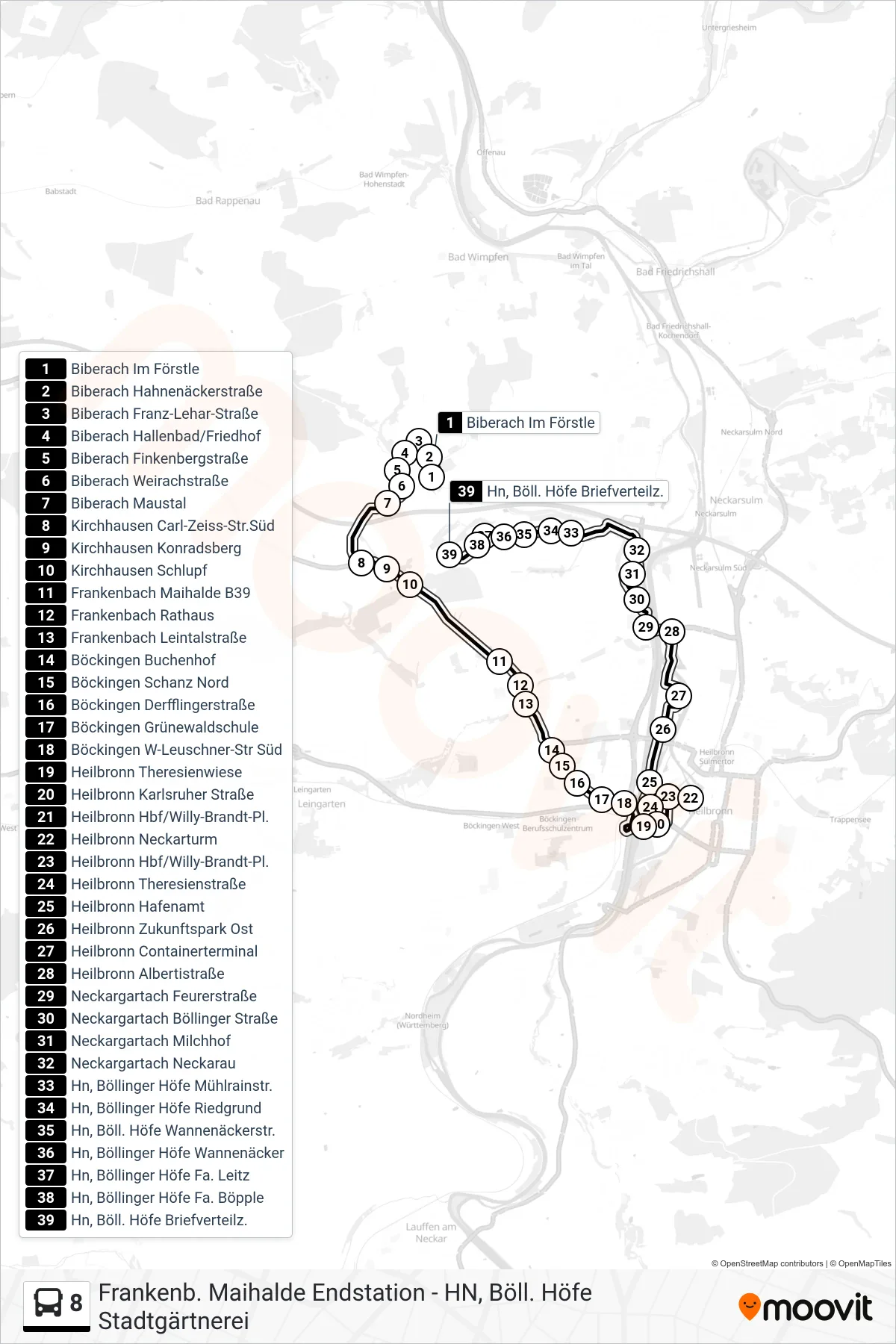 8 bus Line (Hn, Böll. Höfe Briefverteilz.) route and stops on a map