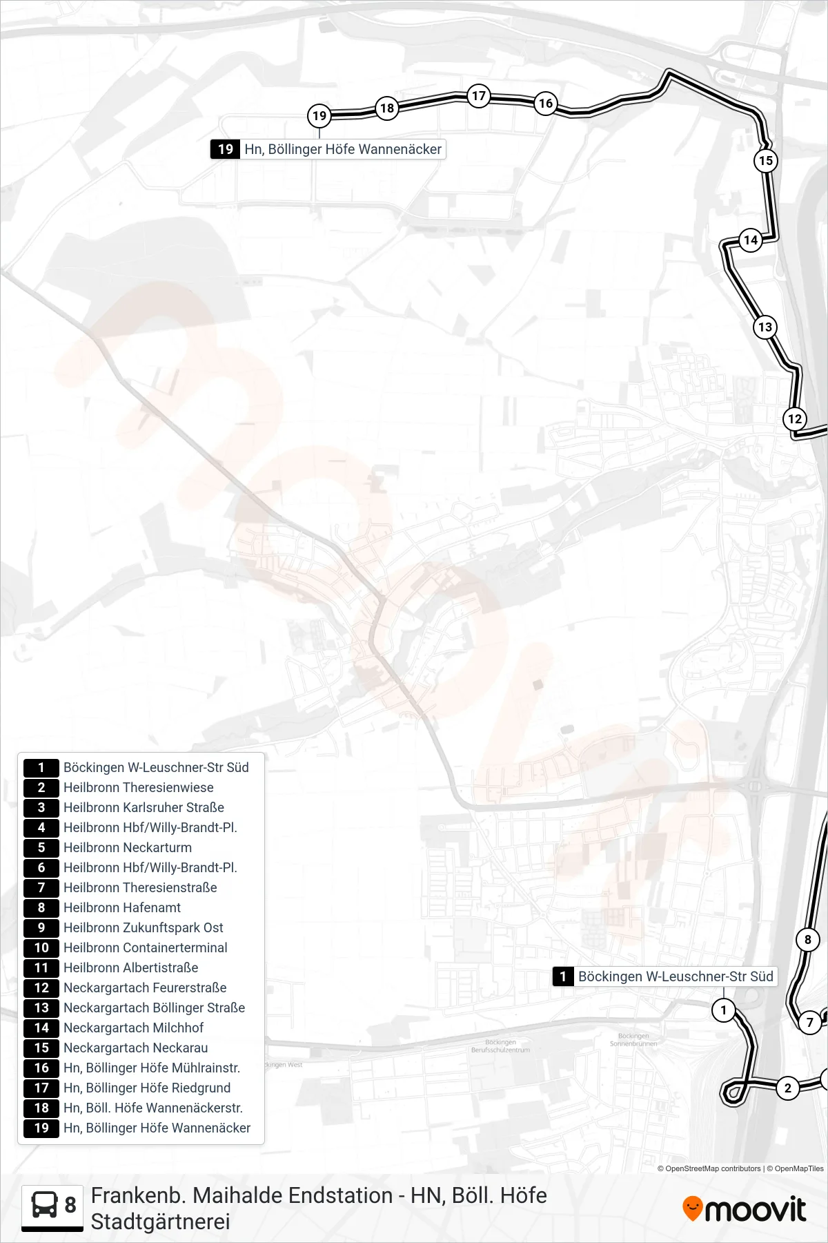 8 bus Line (Hn, Böllinger Höfe Wannenäcker) route and stops on a map
