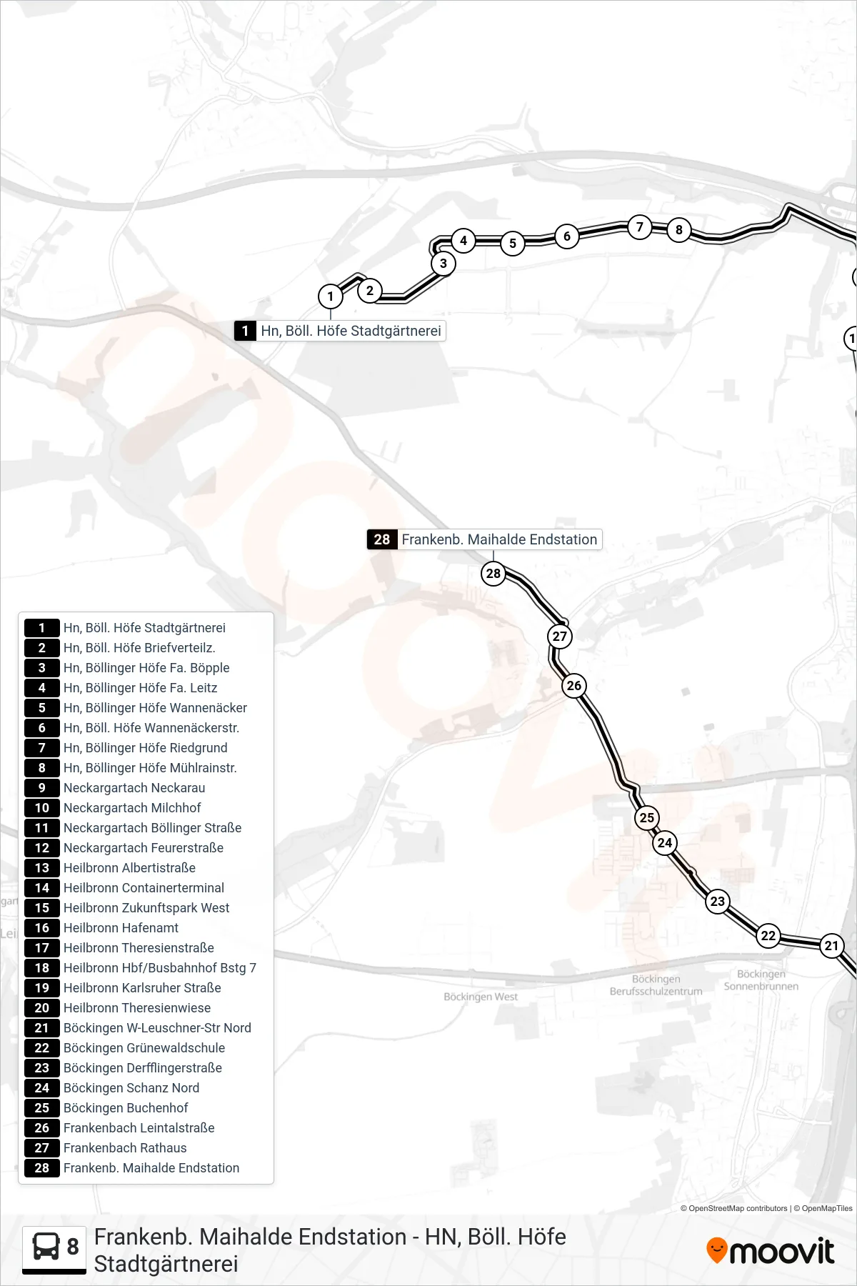 8 bus Line (Frankenb. Maihalde Endstation) route and stops on a map