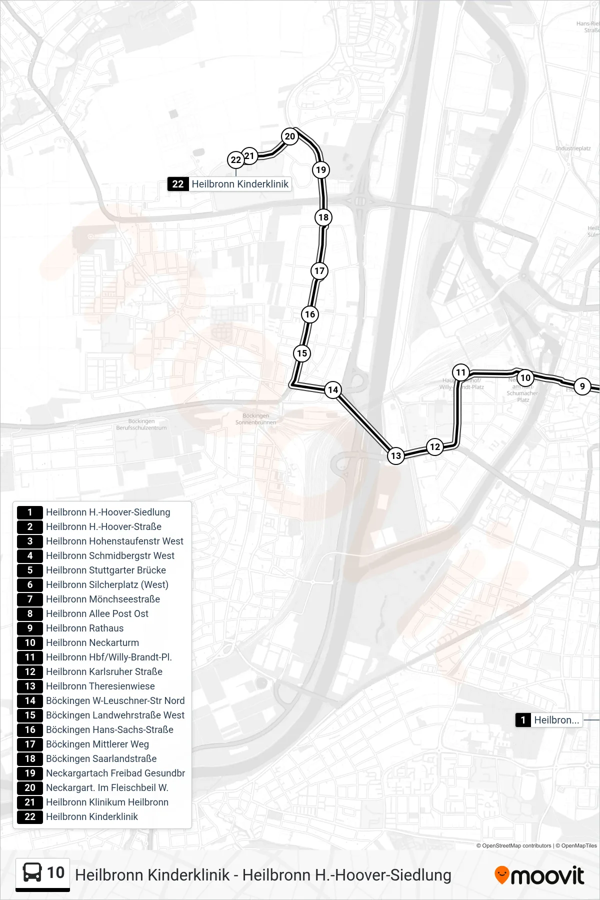 10 bus Line (Heilbronn Kinderklinik) route and stops on a map