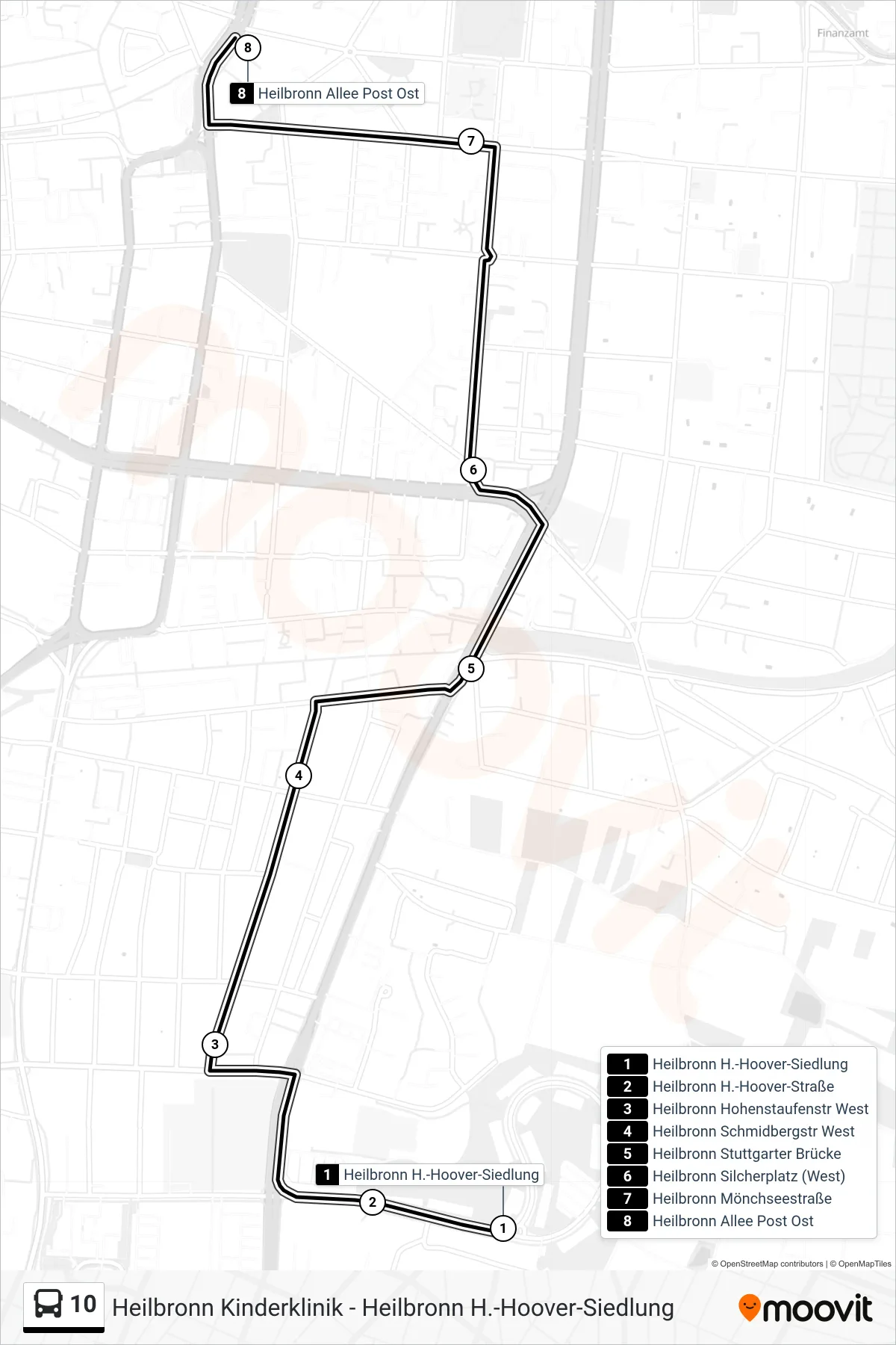 Linie 10 (Bus) Richtung Heilbronn Allee Post Ost: Route und Haltestellen auf der Karte