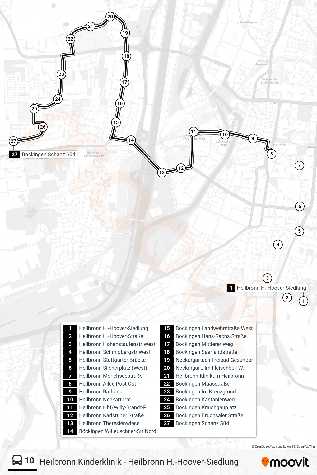 10 bus Line (Böckingen Schanz Süd) route and stops on a map