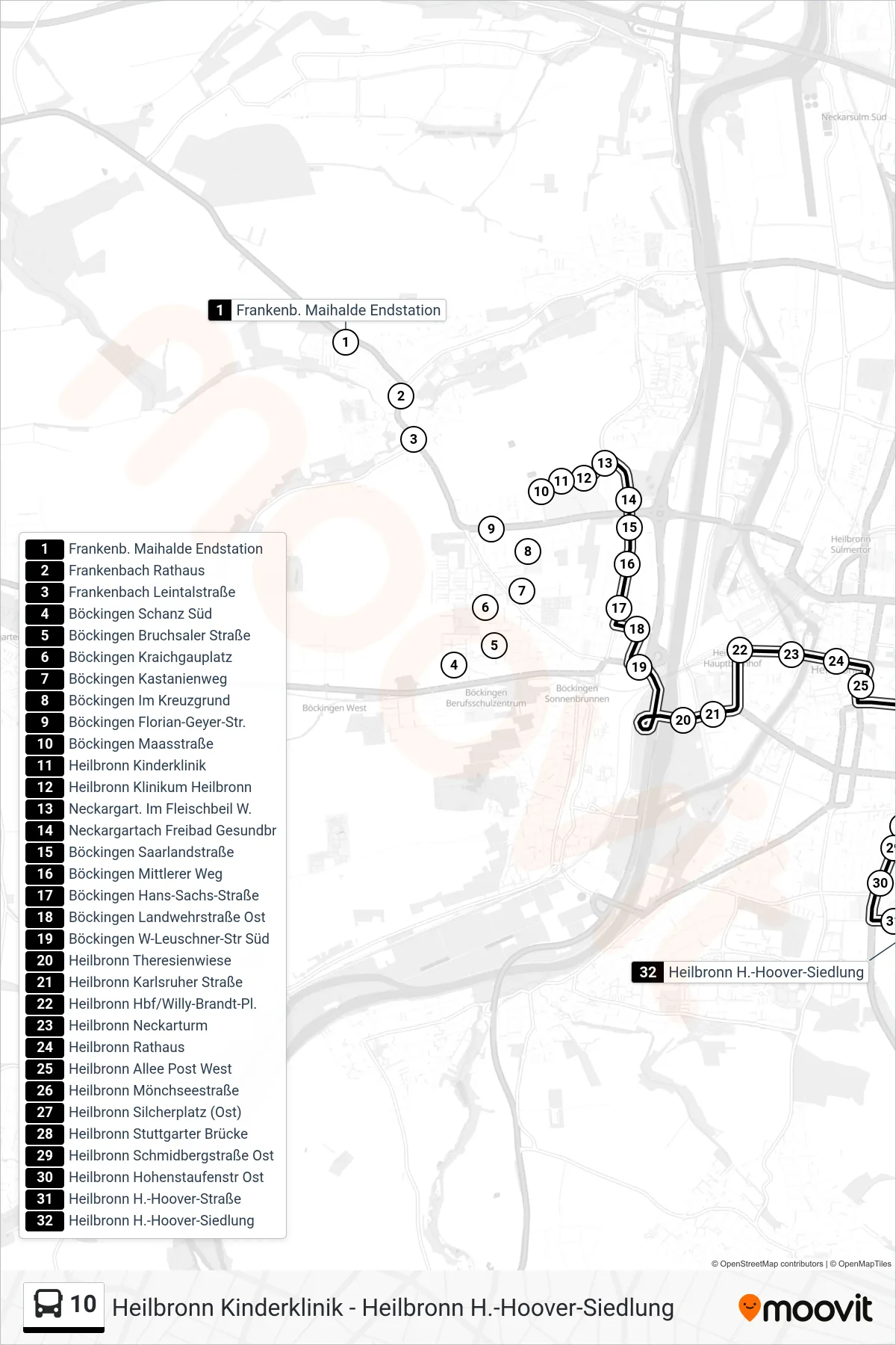 10 bus Line (Heilbronn H.-Hoover-Siedlung) route and stops on a map