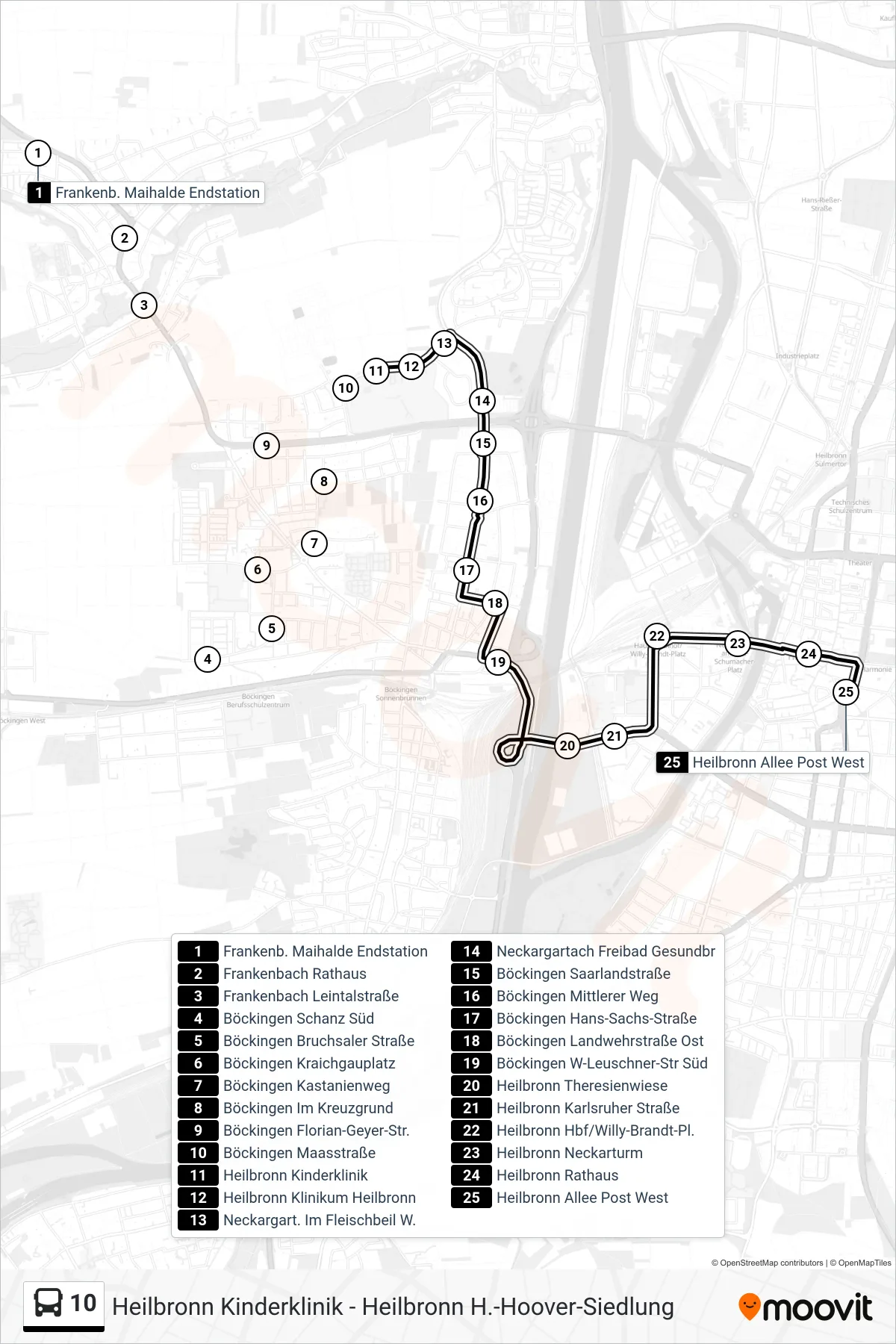 10 bus Line (Heilbronn Allee Post West) route and stops on a map