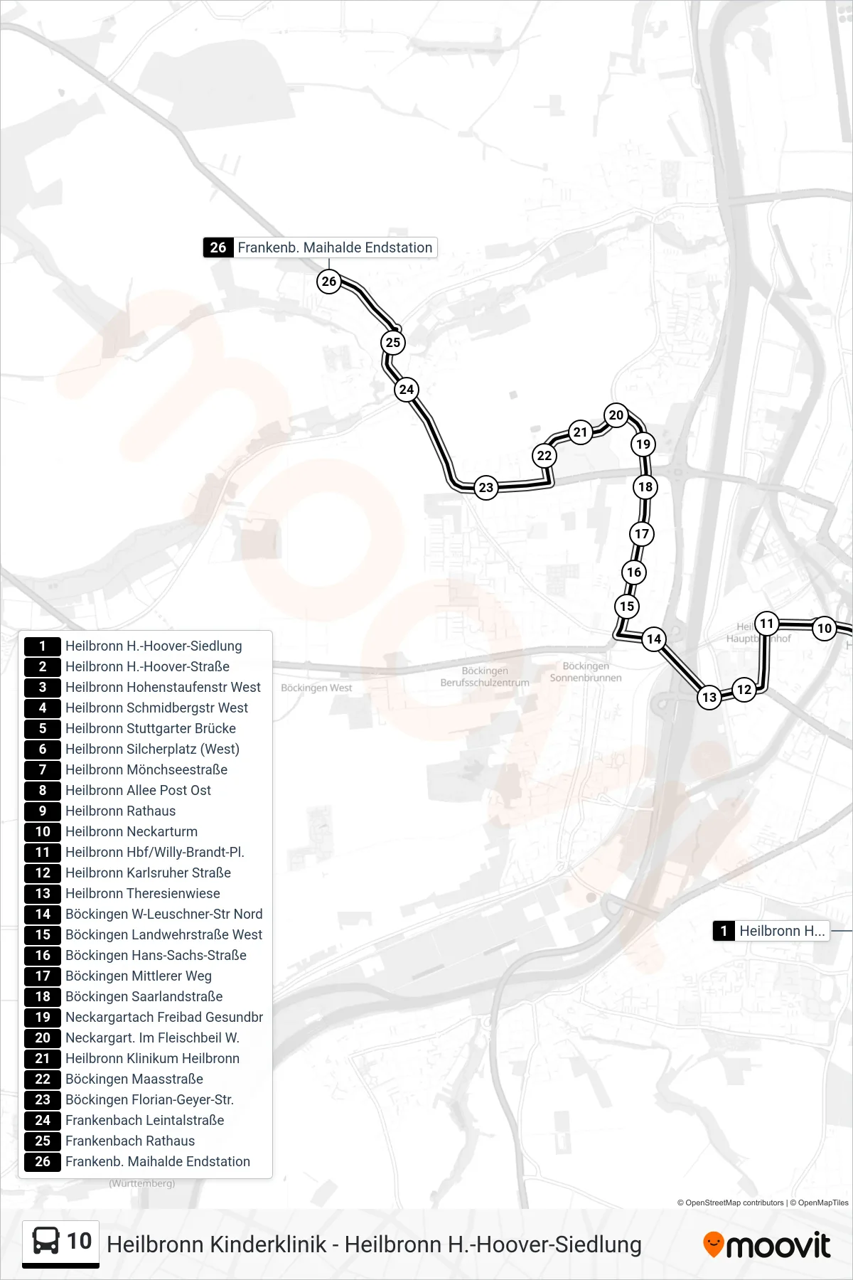 10 bus Line (Frankenb. Maihalde Endstation) route and stops on a map