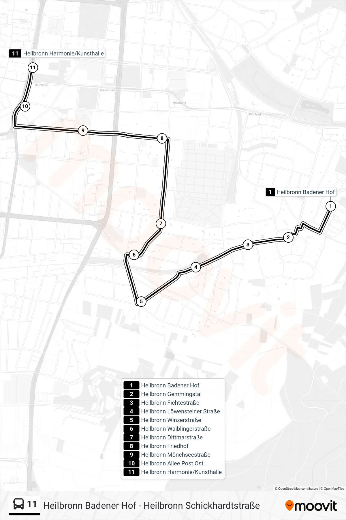 11 bus Line (Heilbronn Harmonie/Kunsthalle) route and stops on a map