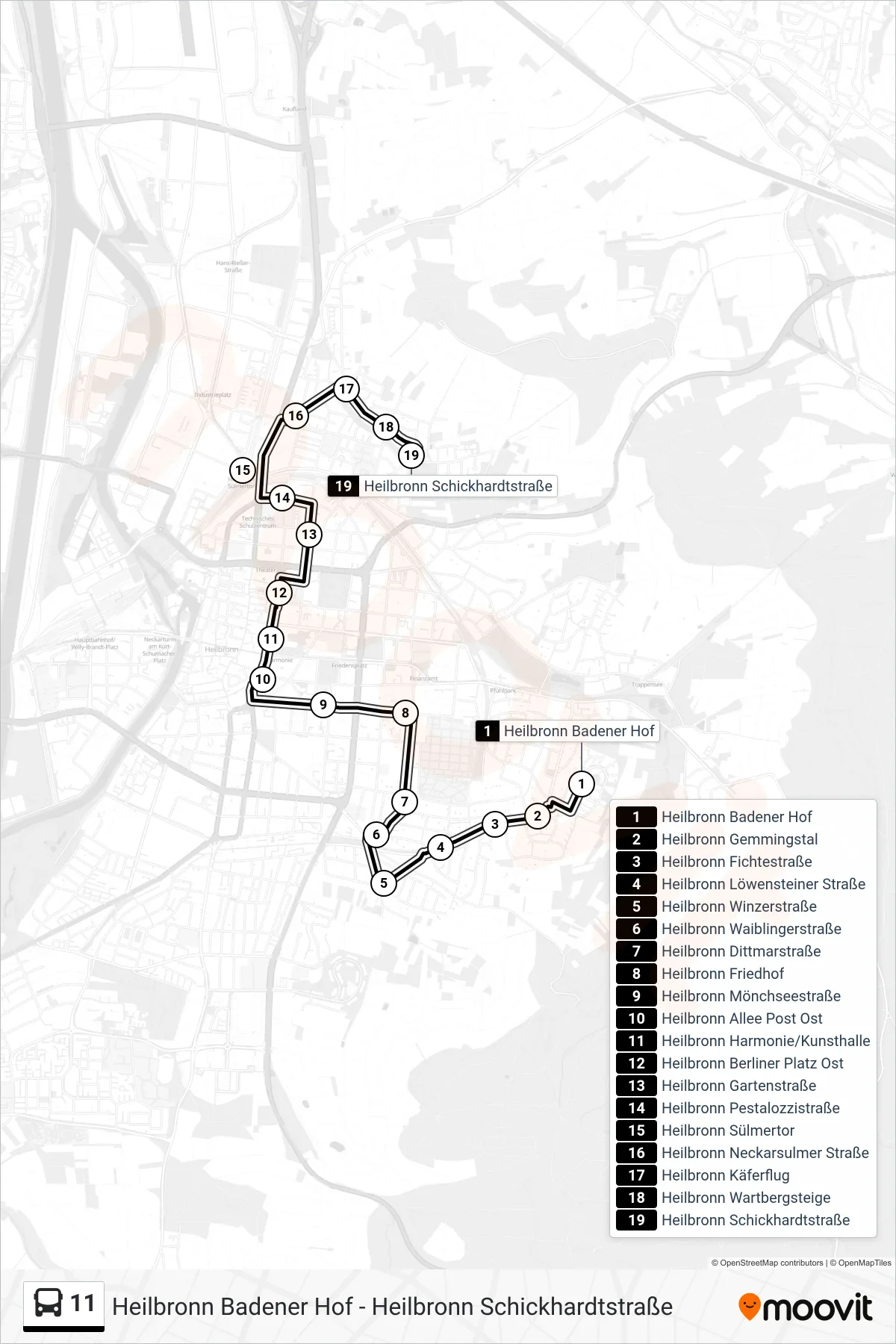 11 bus Line (Heilbronn Schickhardtstraße) route and stops on a map