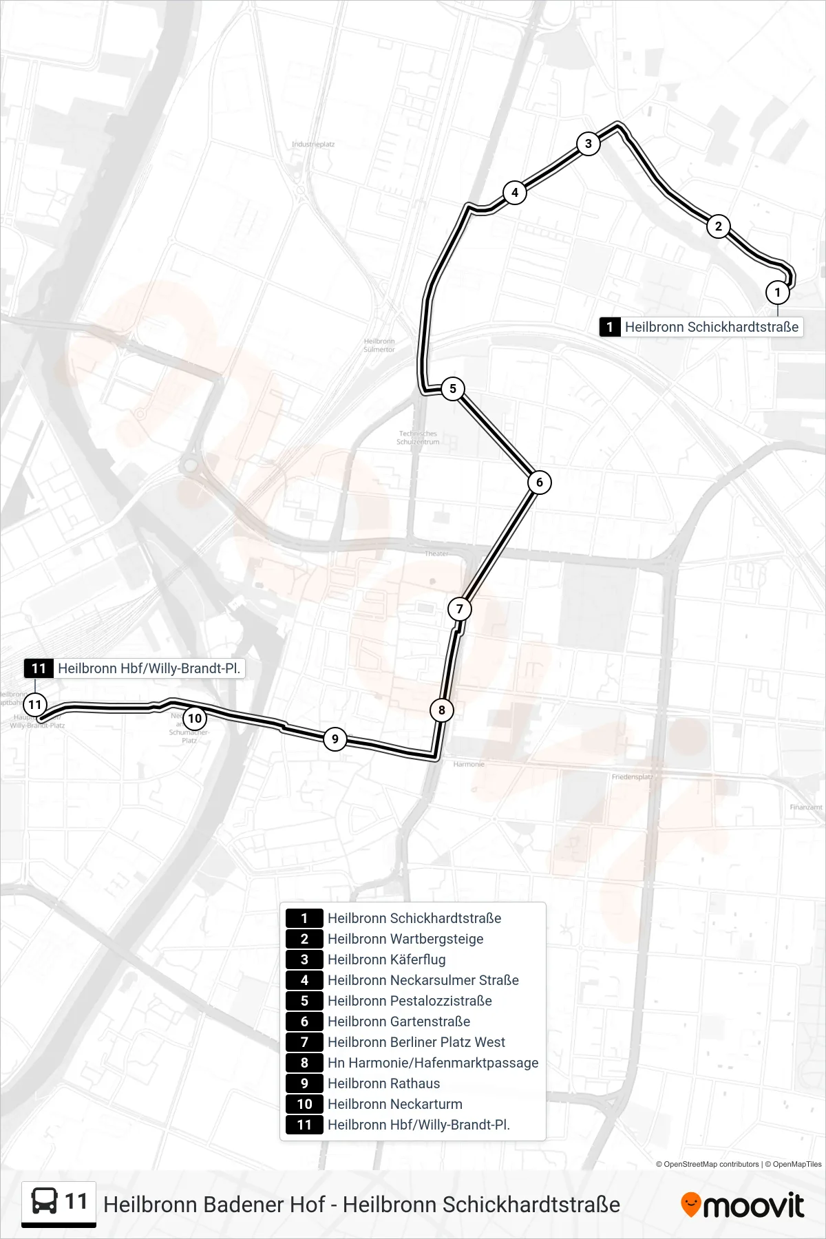Linie 11 (Bus) Richtung Heilbronn Hbf/Willy-Brandt-Pl.: Route und Haltestellen auf der Karte