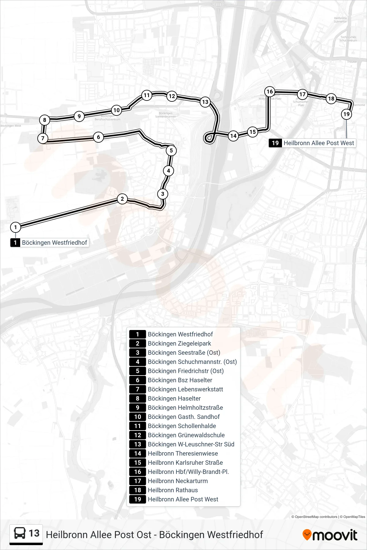 Linie 13 (Bus) Richtung Heilbronn Allee Post West: Route und Haltestellen auf der Karte