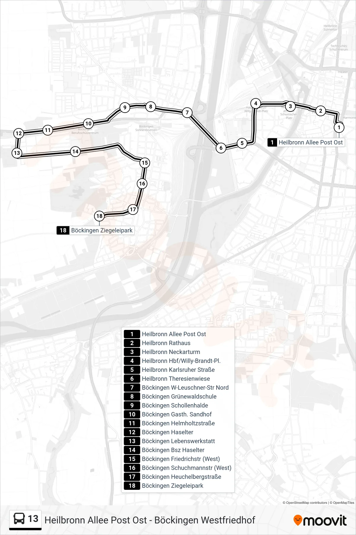 13 bus Line (Böckingen Ziegeleipark) route and stops on a map