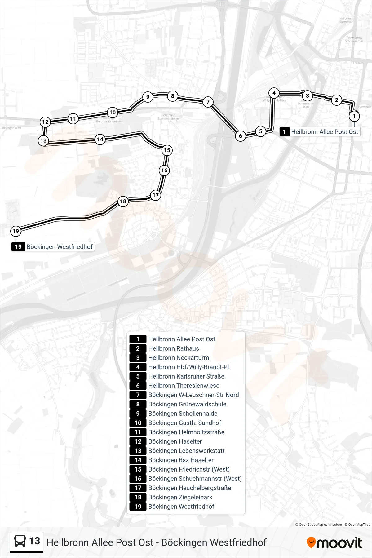 13 bus Line (Böckingen Westfriedhof) route and stops on a map