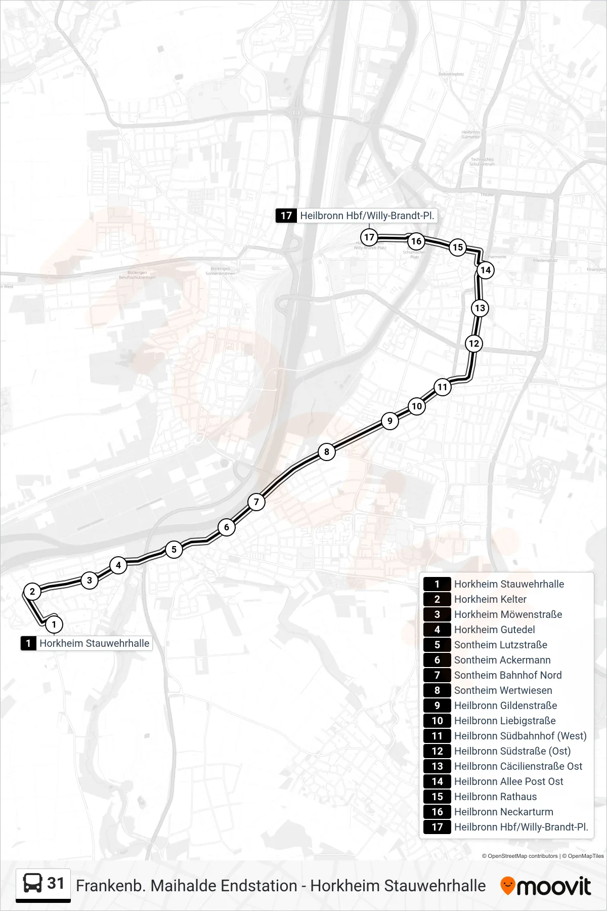31 bus Line (Heilbronn Hbf/Willy-Brandt-Pl.) route and stops on a map