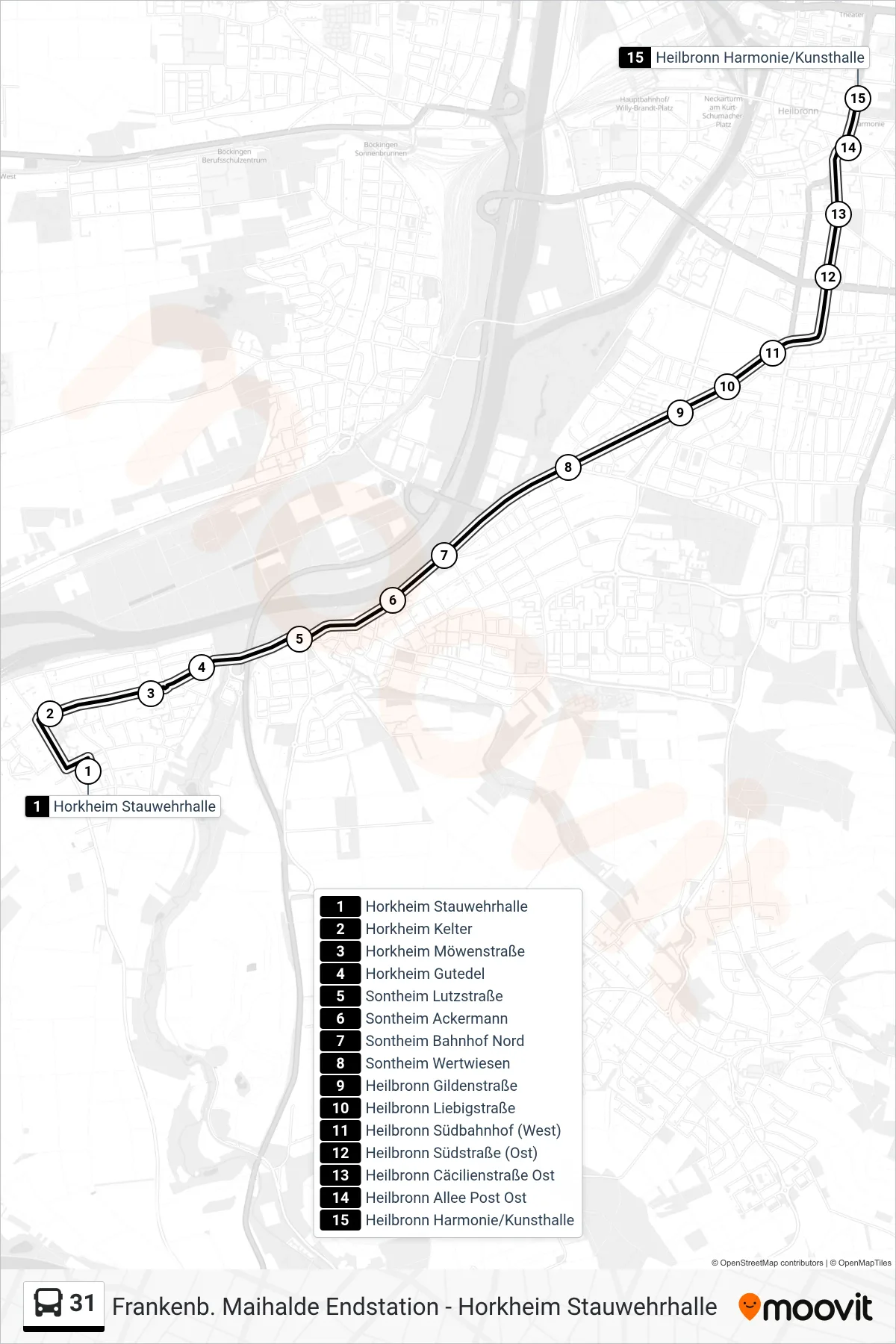 31 bus Line (Heilbronn Harmonie/Kunsthalle) route and stops on a map
