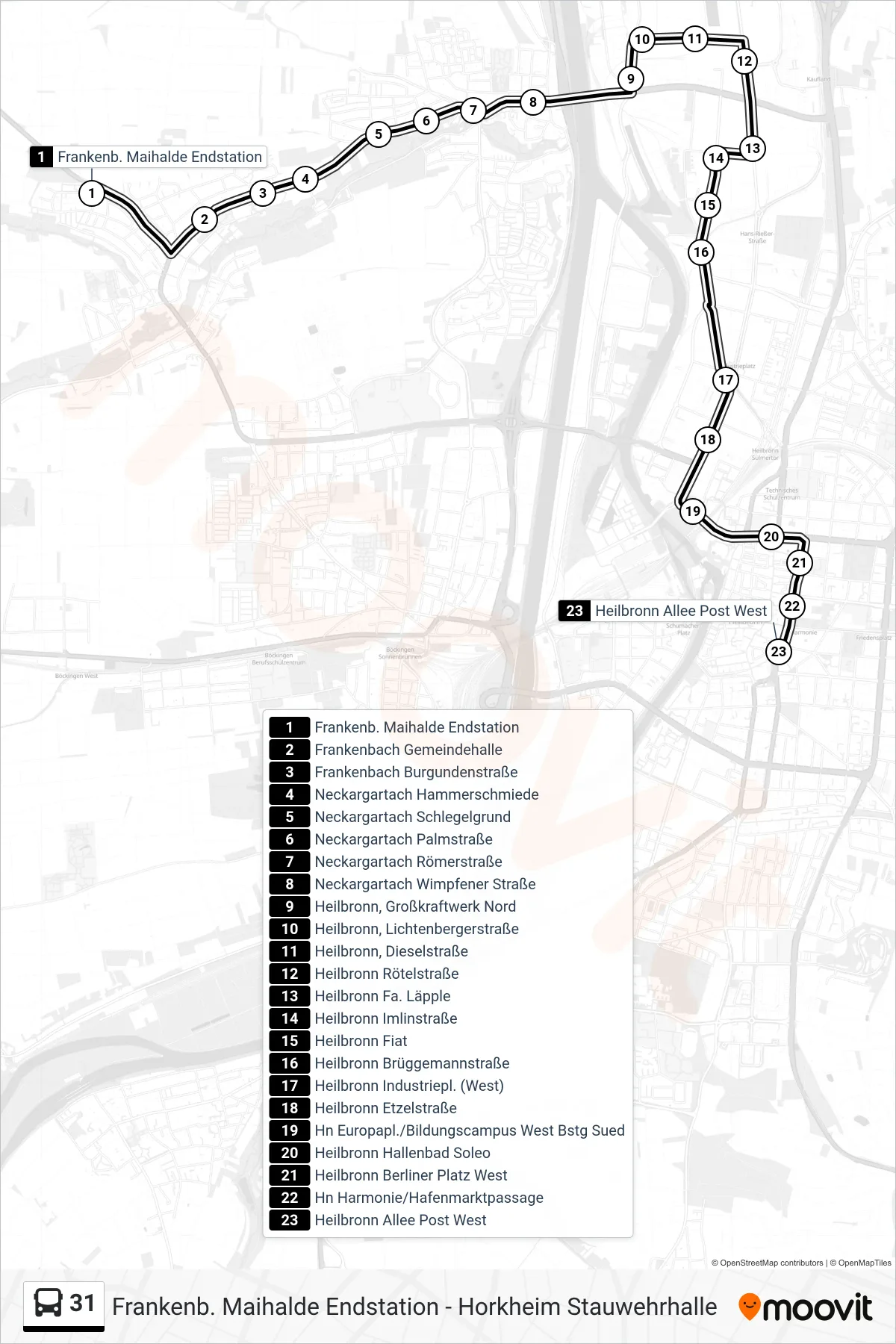 Linie 31 (Bus) Richtung Heilbronn Allee Post West: Route und Haltestellen auf der Karte