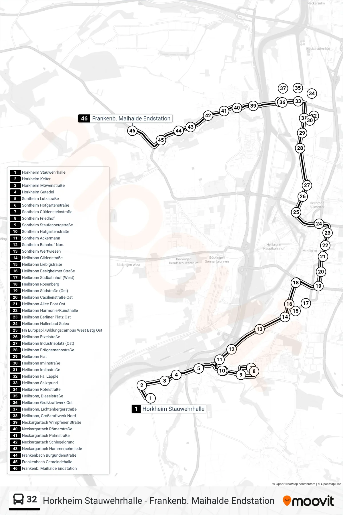 32 bus Line (Frankenb. Maihalde Endstation) route and stops on a map