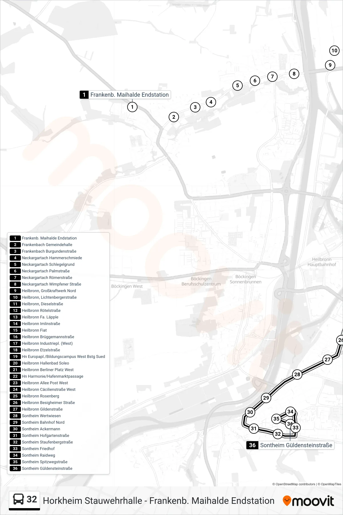 32 bus Line (Sontheim Güldensteinstraße) route and stops on a map