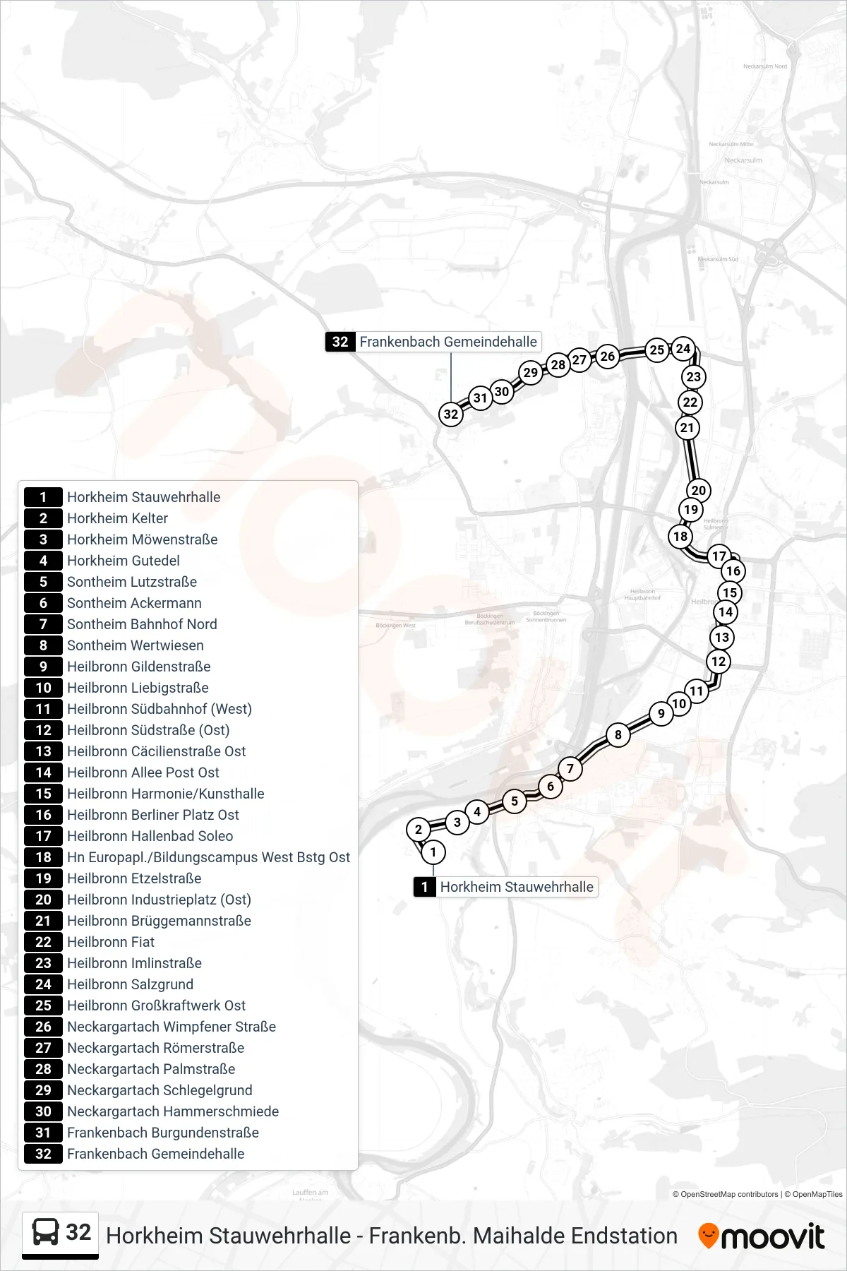 32 bus Line (Frankenbach Gemeindehalle) route and stops on a map
