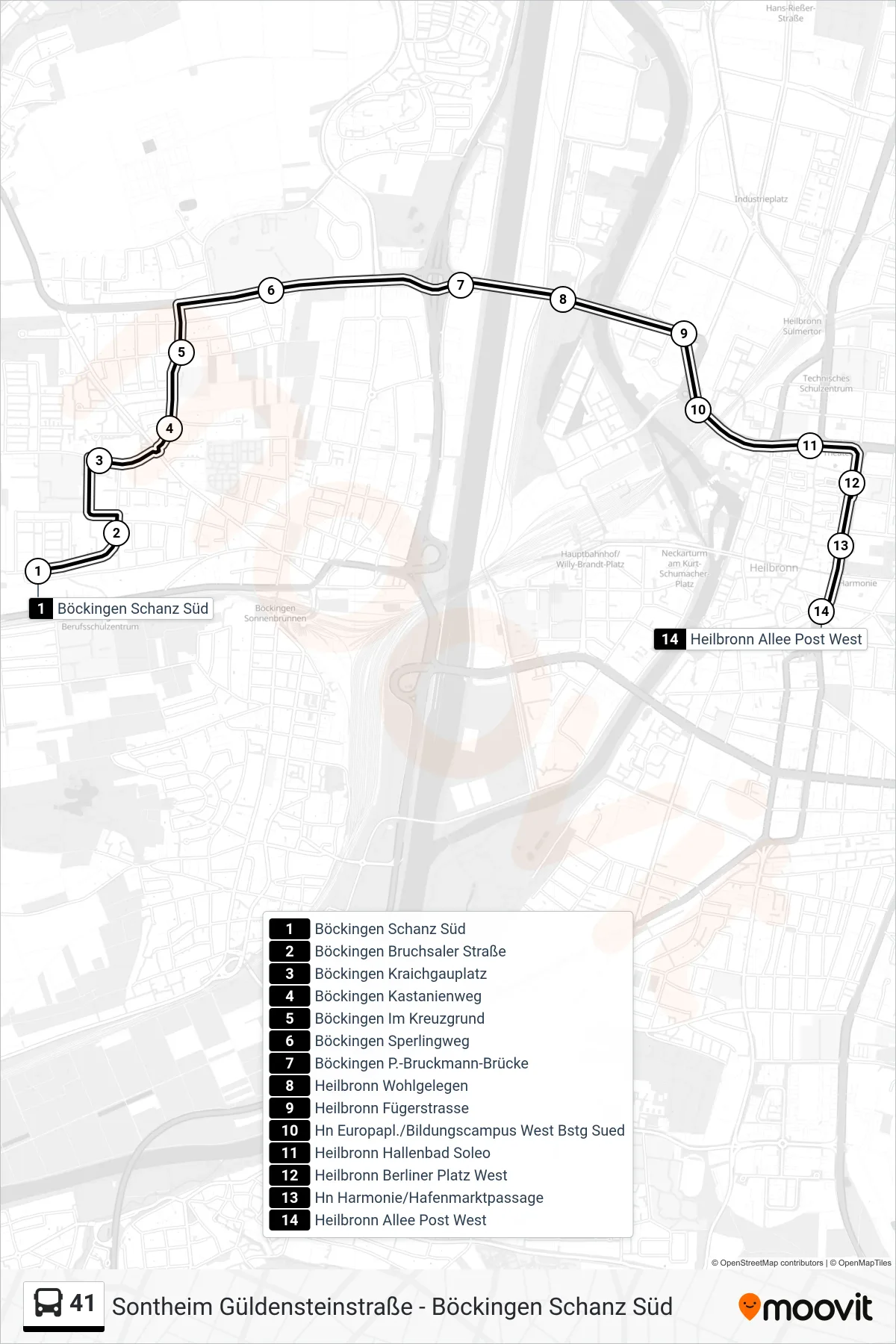 41 bus Line (Heilbronn Allee Post West) route and stops on a map