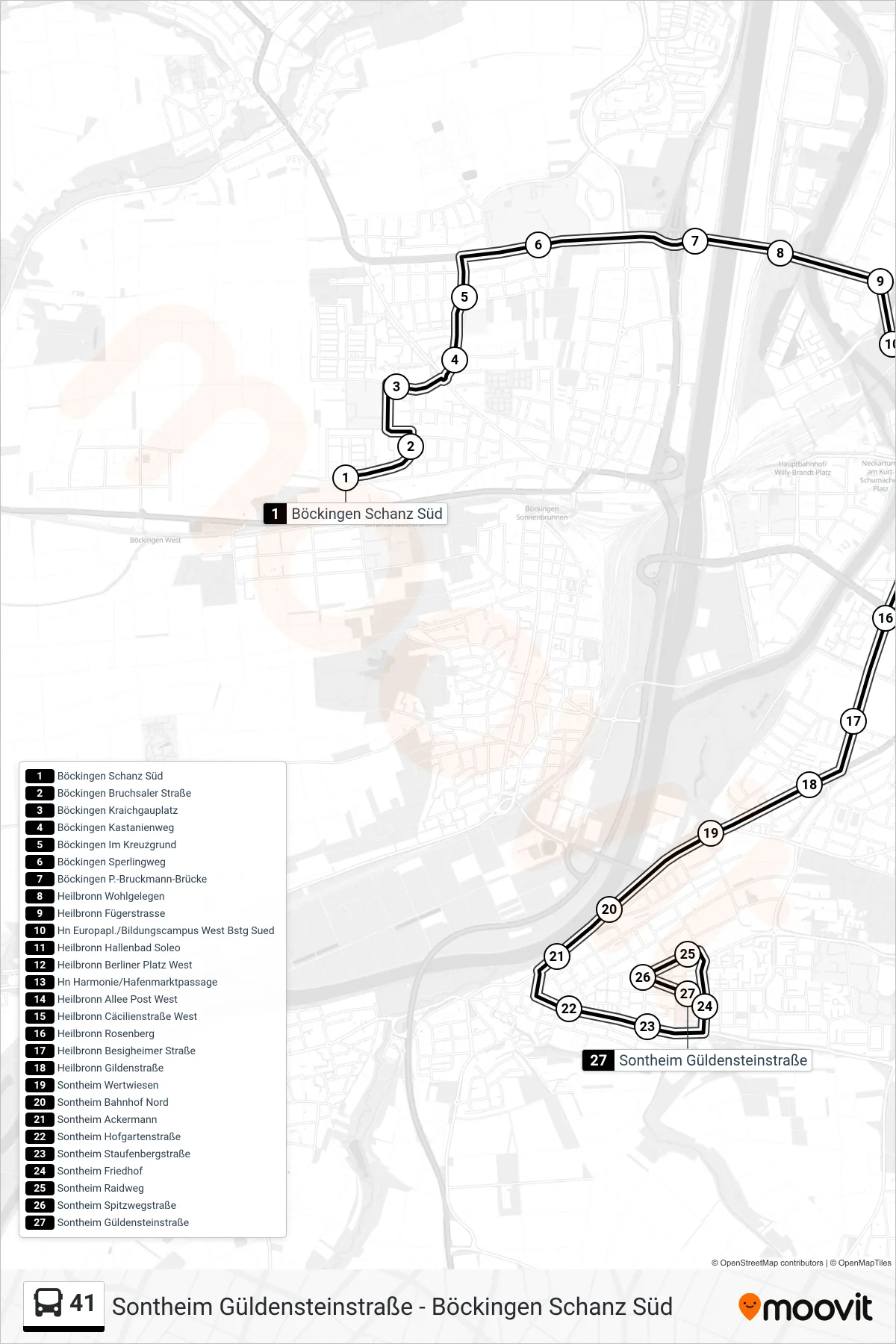 41 bus Line (Sontheim Güldensteinstraße) route and stops on a map