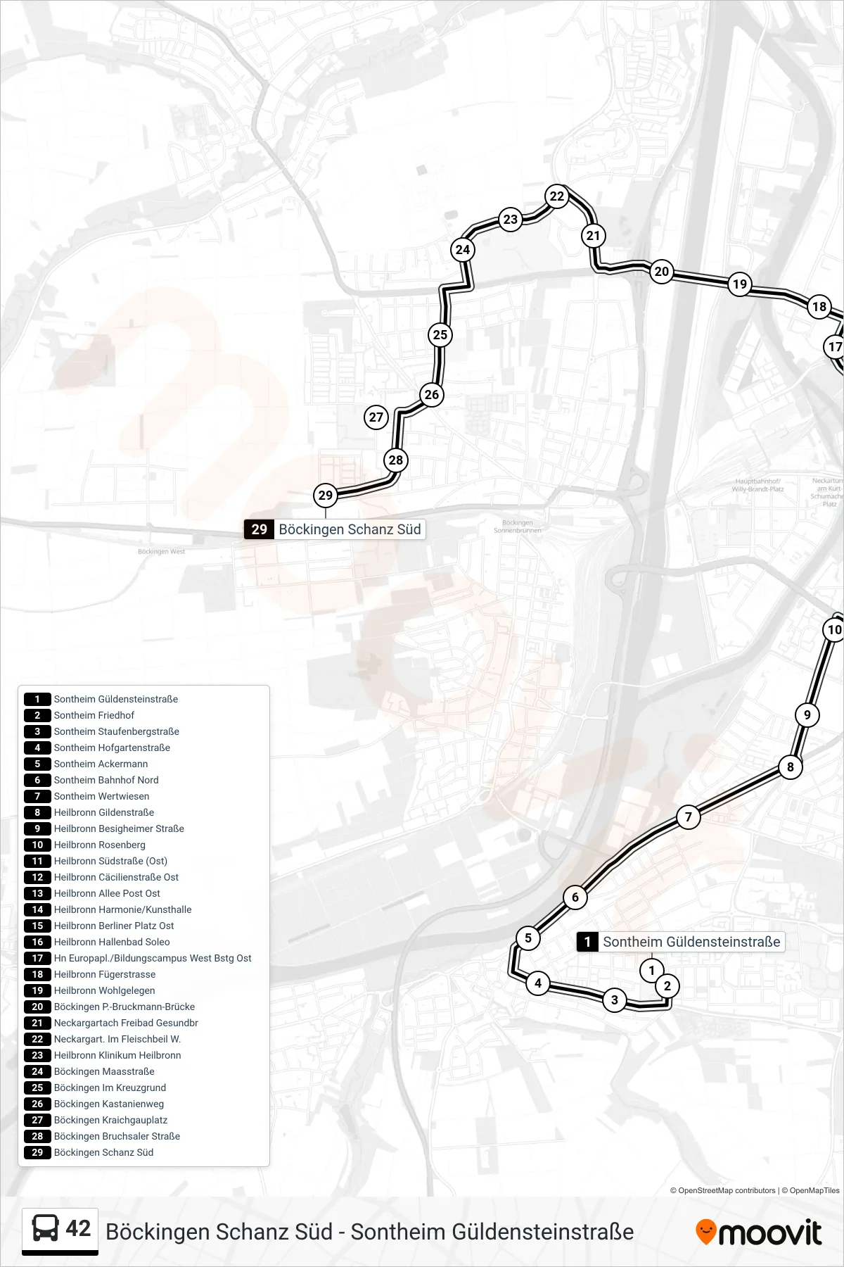 42 bus Line (Böckingen Schanz Süd) route and stops on a map