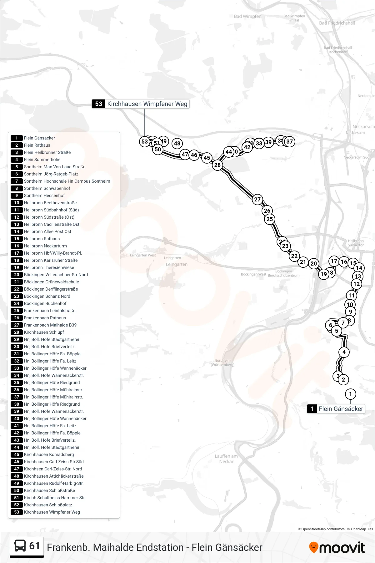 61 bus Line (Kirchhausen Wimpfener Weg) route and stops on a map