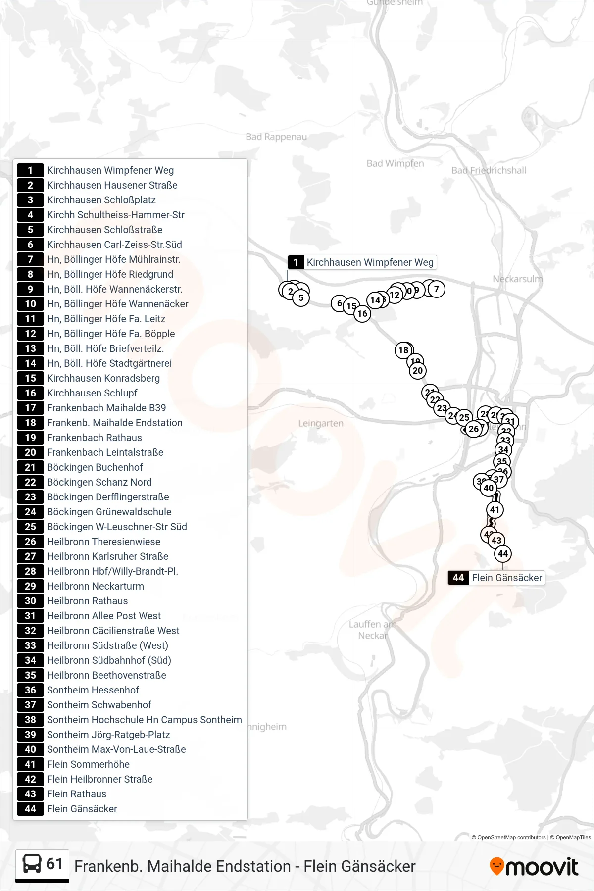 61 bus Line (Flein Gänsäcker) route and stops on a map
