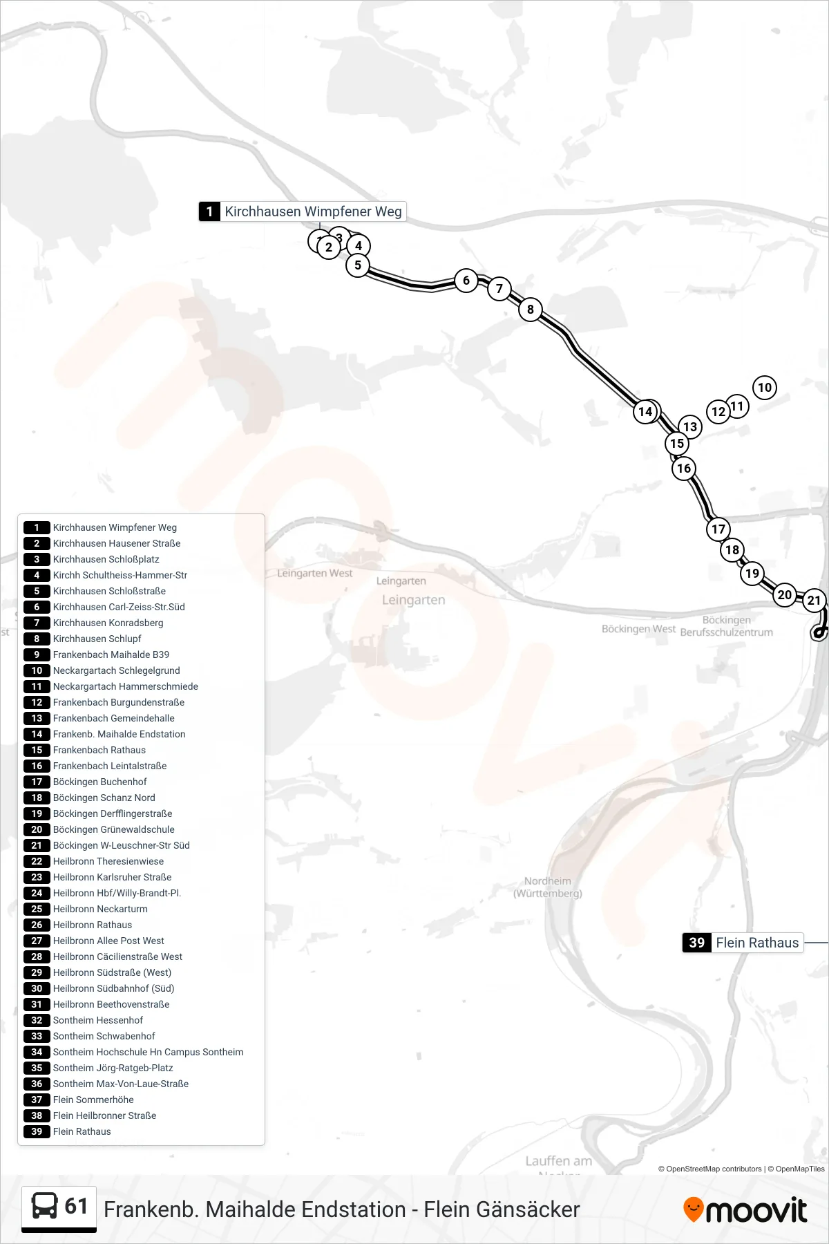 61 bus Line (Flein Rathaus) route and stops on a map