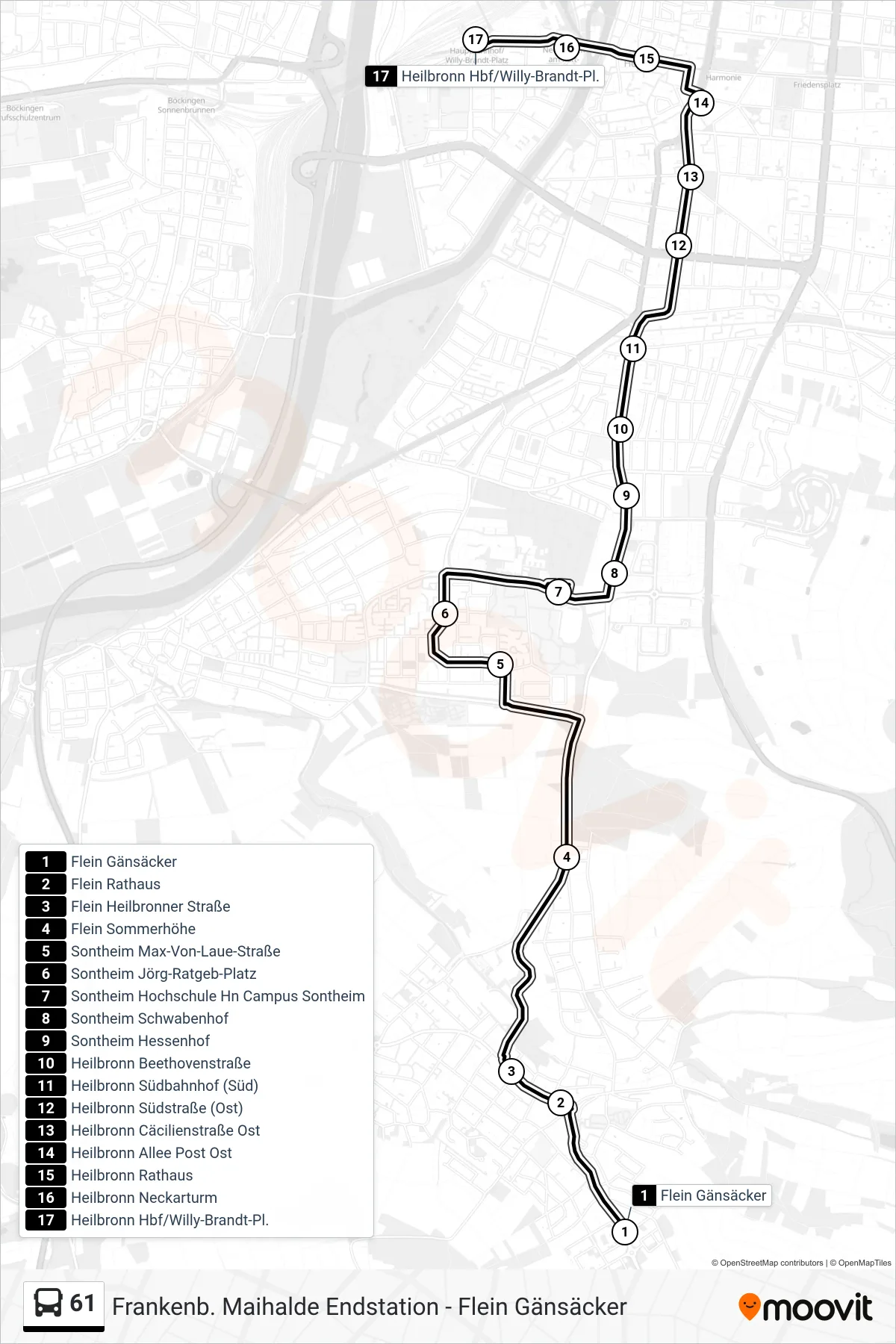 61 bus Line (Heilbronn Hbf/Willy-Brandt-Pl.) route and stops on a map