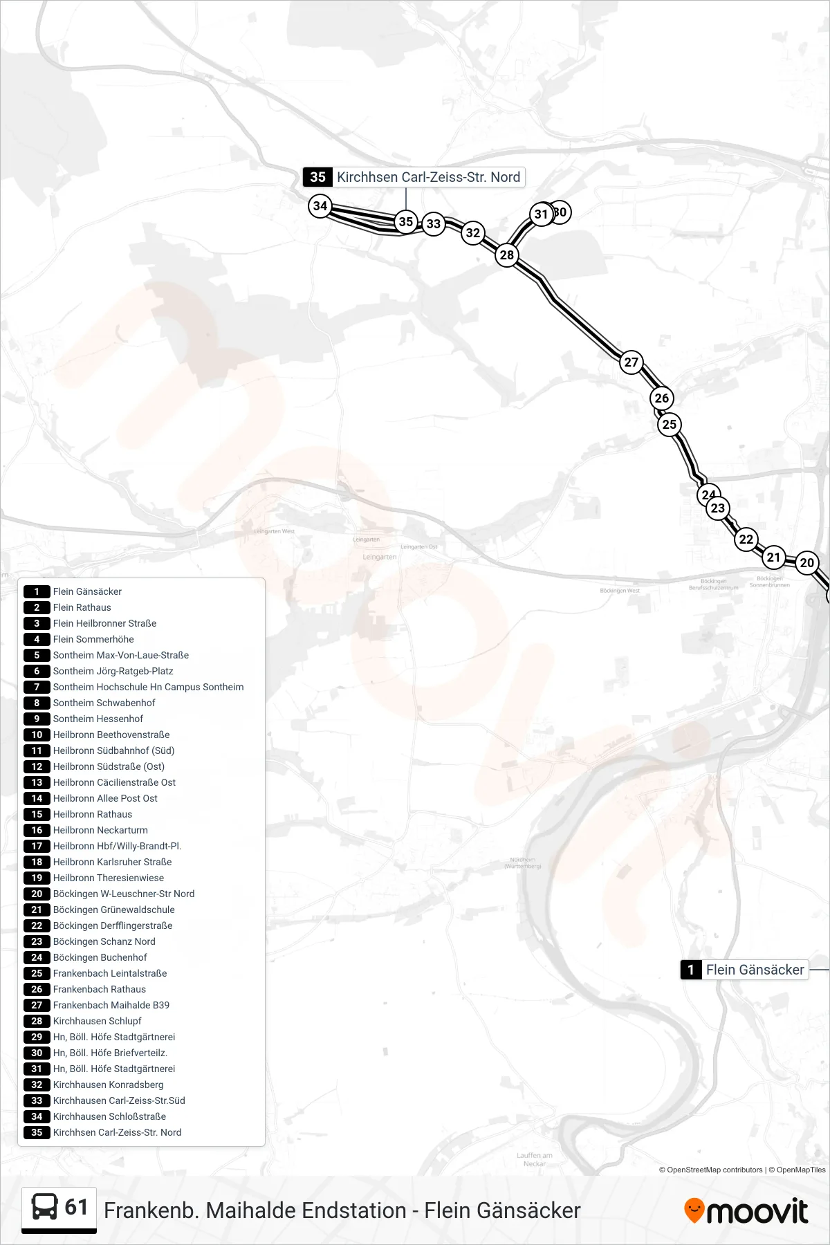 61 bus Line (Kirchhsen Carl-Zeiss-Str. Nord) route and stops on a map