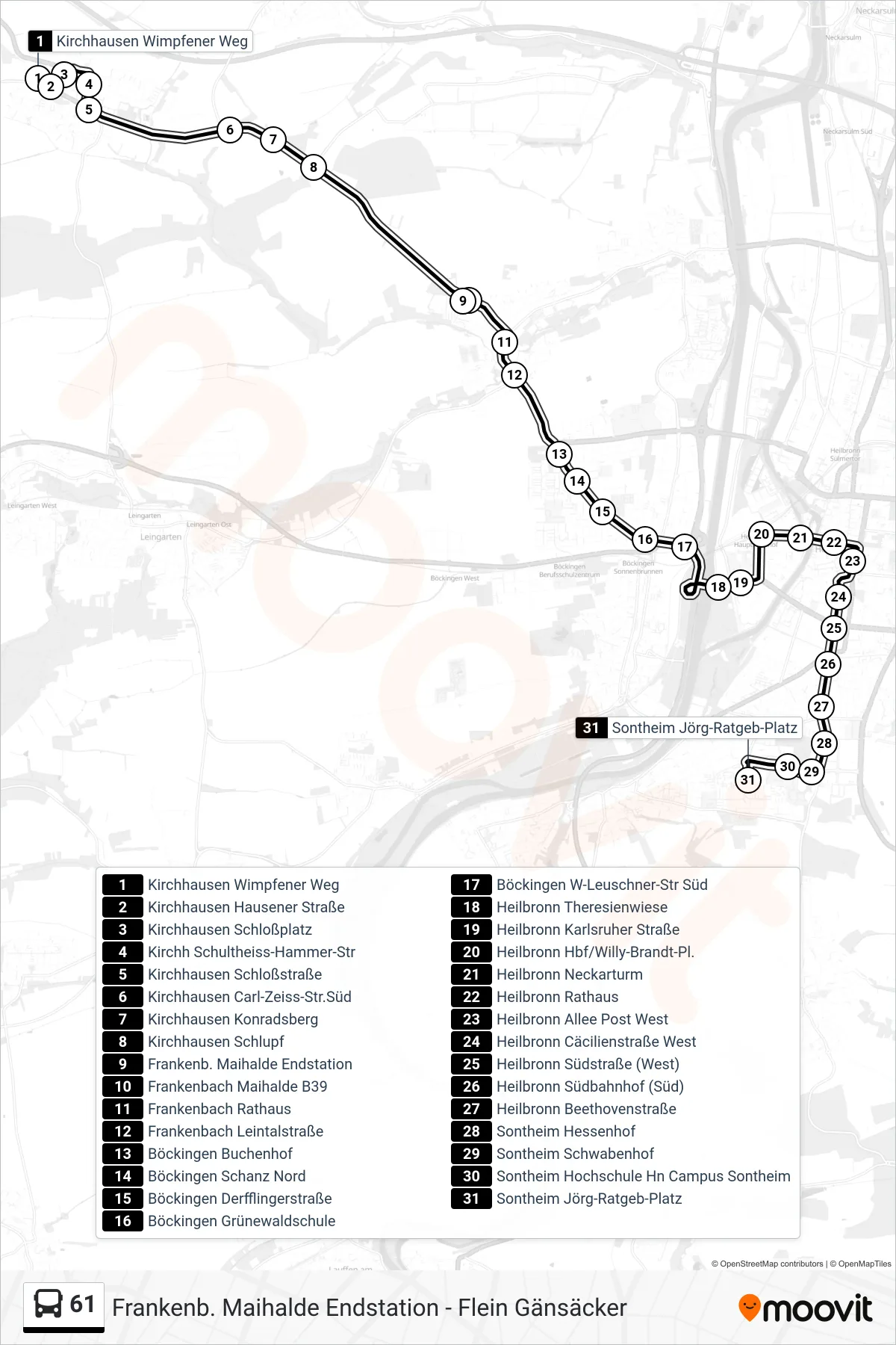 61 bus Line (Sontheim Jörg-Ratgeb-Platz) route and stops on a map