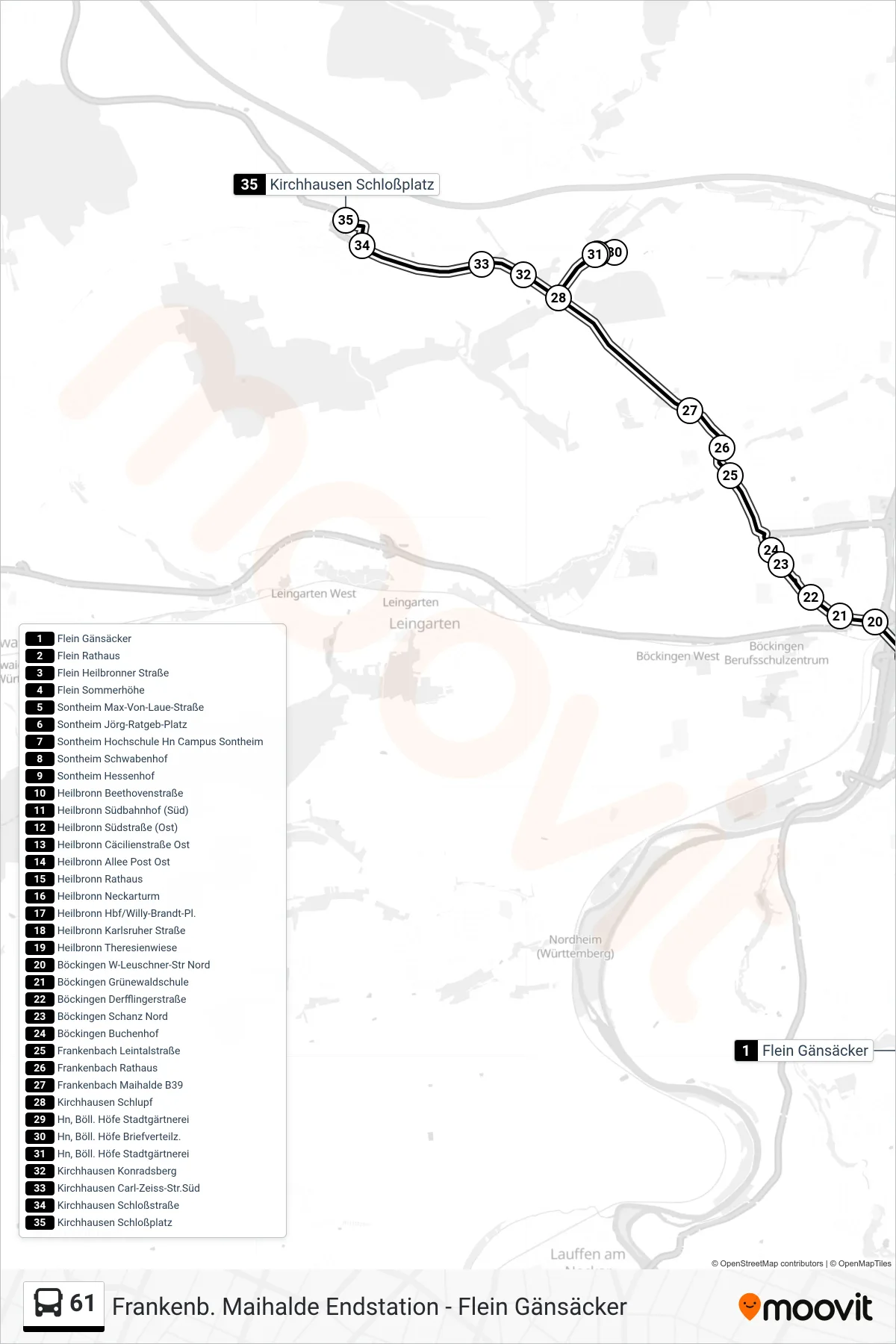 61 bus Line (Kirchhausen Schloßplatz) route and stops on a map
