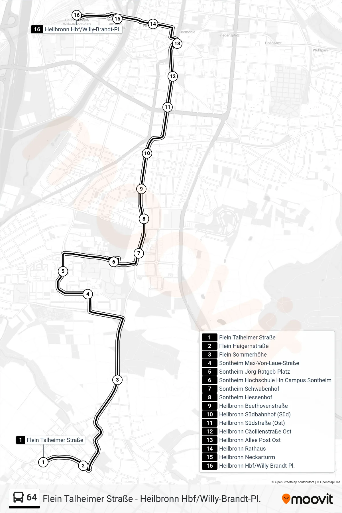 64 bus Line (Heilbronn Hbf/Willy-Brandt-Pl.) route and stops on a map