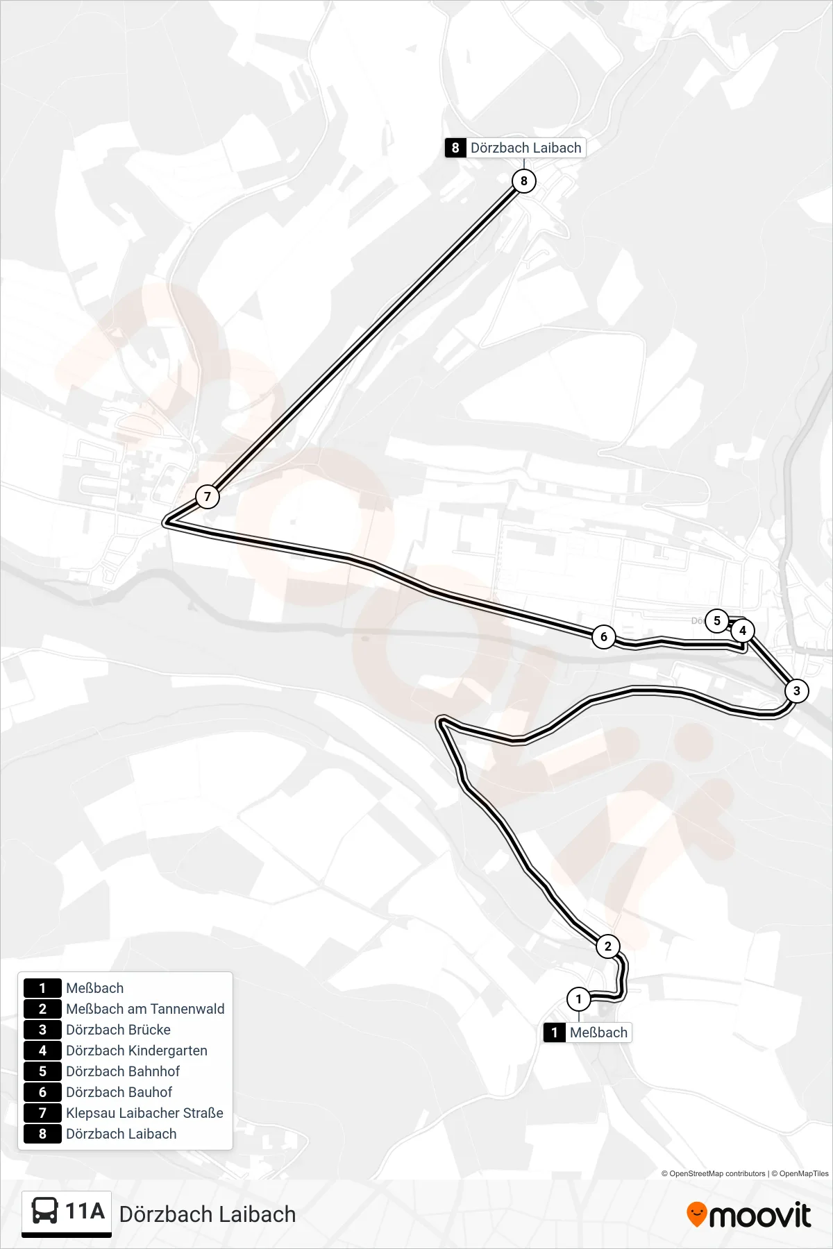 11A bus Line (Dörzbach Laibach) route and stops on a map