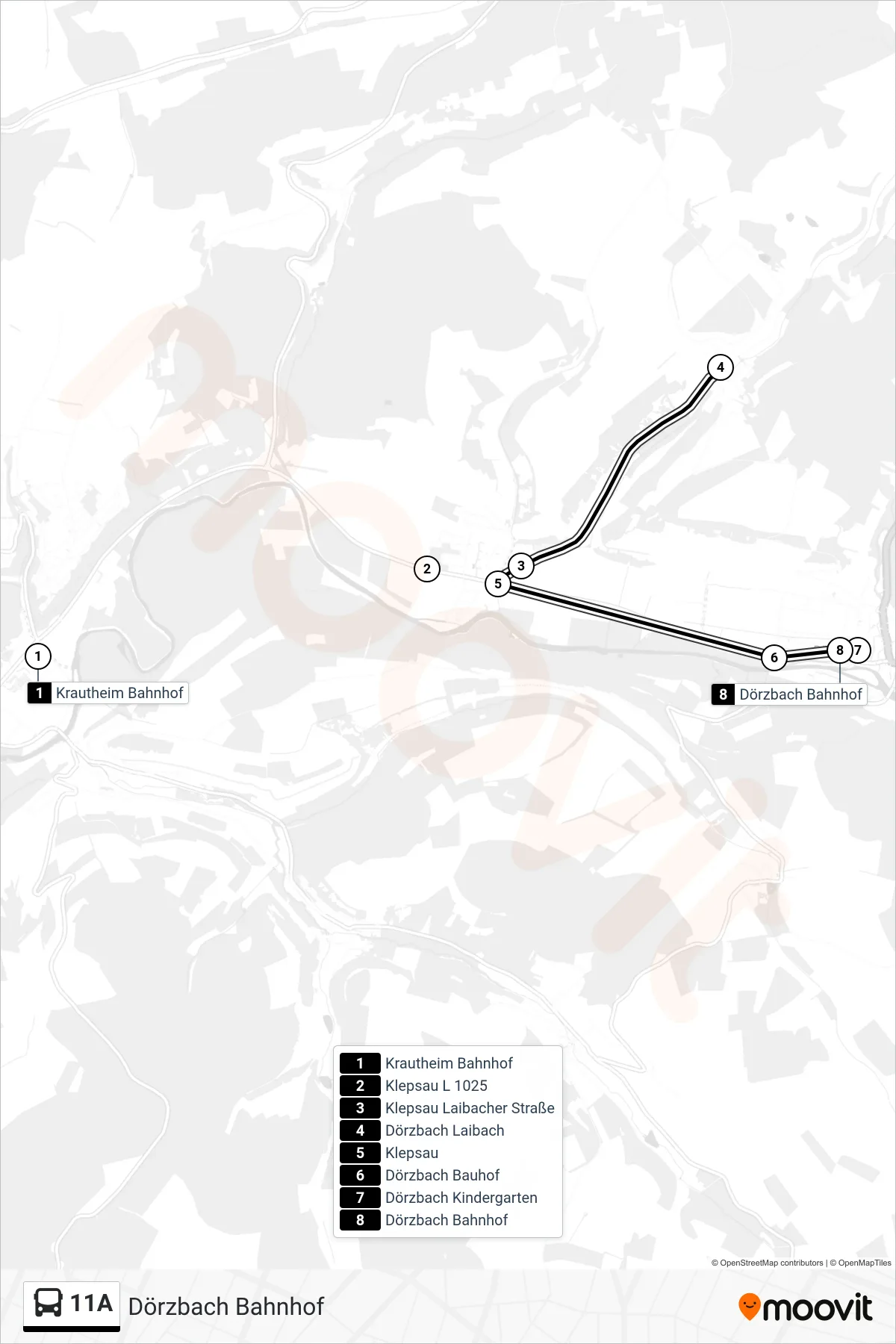 11A bus Line (Dörzbach Bahnhof) route and stops on a map
