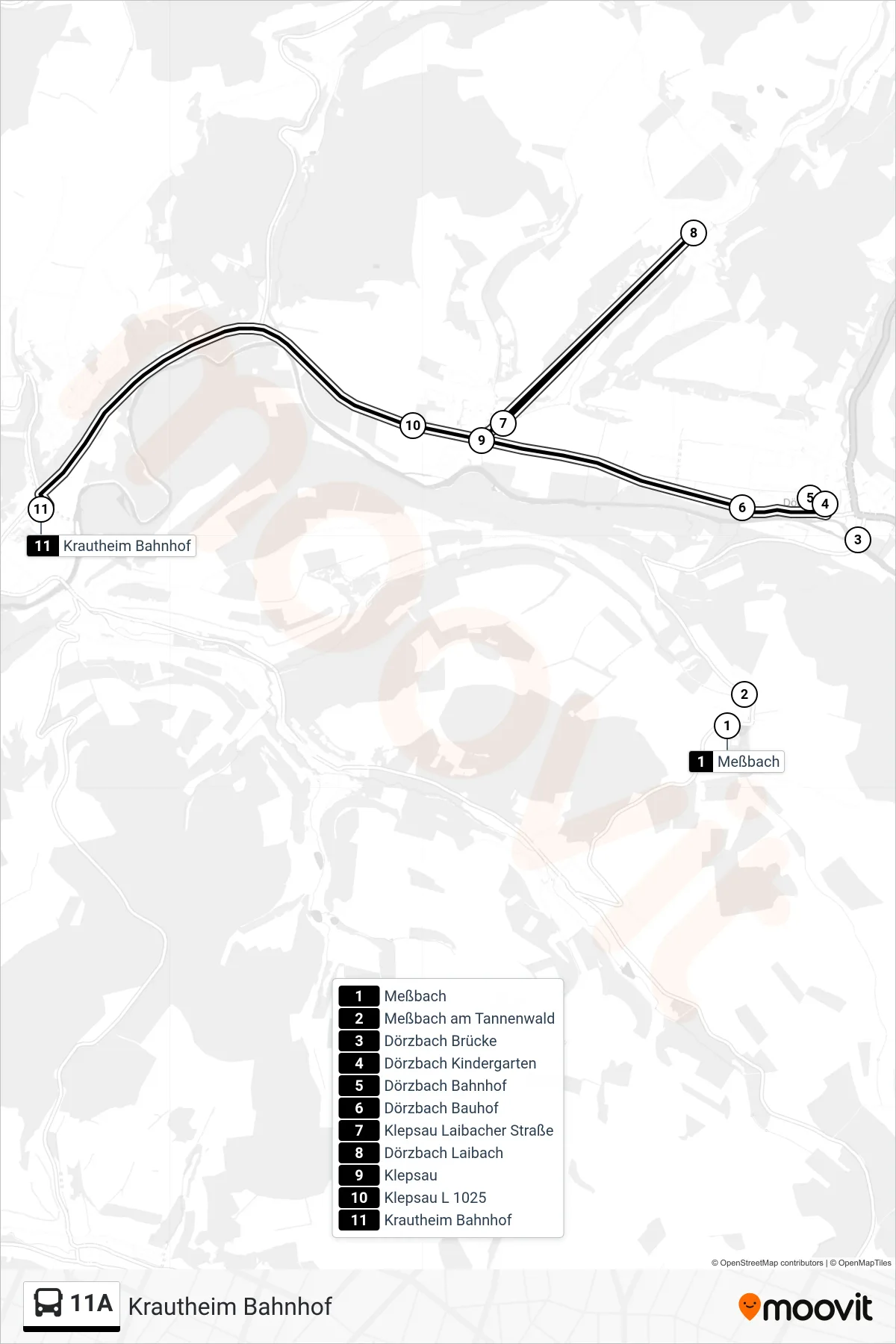 11A bus Line (Krautheim Bahnhof) route and stops on a map