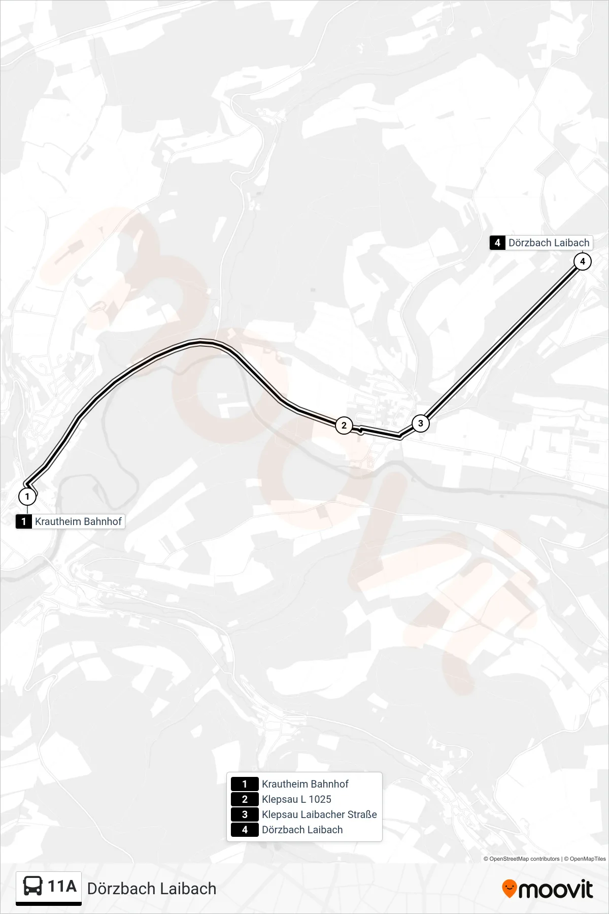 11A bus Line (Dörzbach Laibach) route and stops on a map