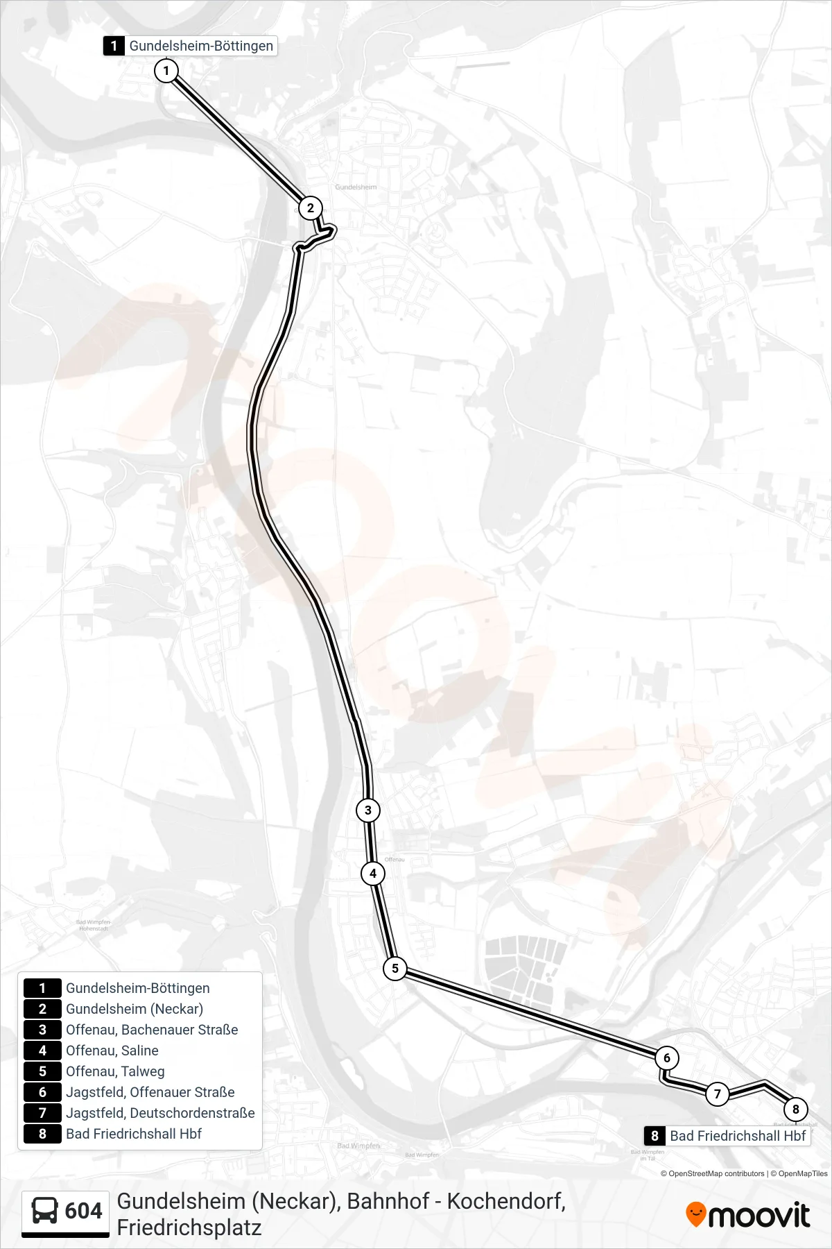 604 bus Line (Bad Friedrichshall Hbf) route and stops on a map