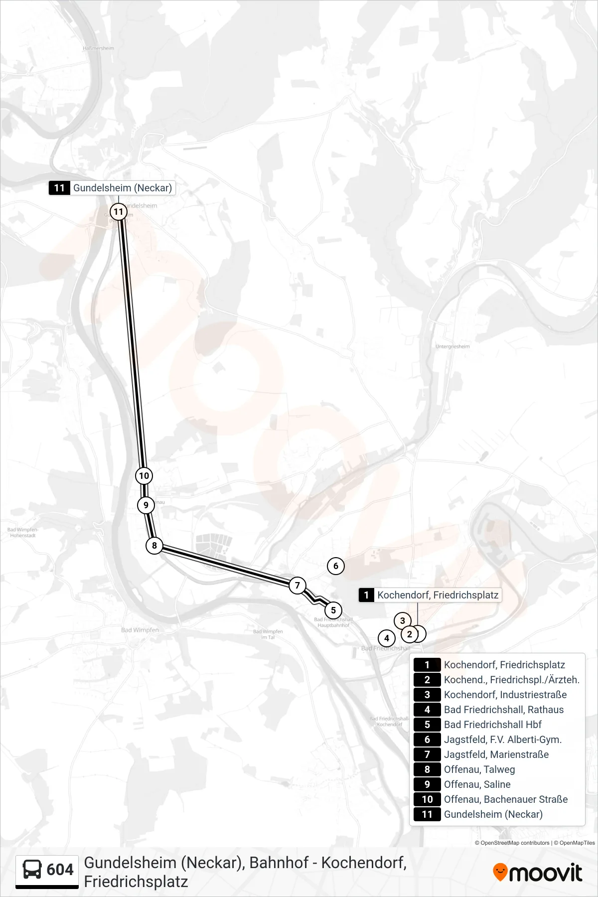 Linie 604 (Bus) Richtung Gundelsheim (Neckar): Route und Haltestellen auf der Karte