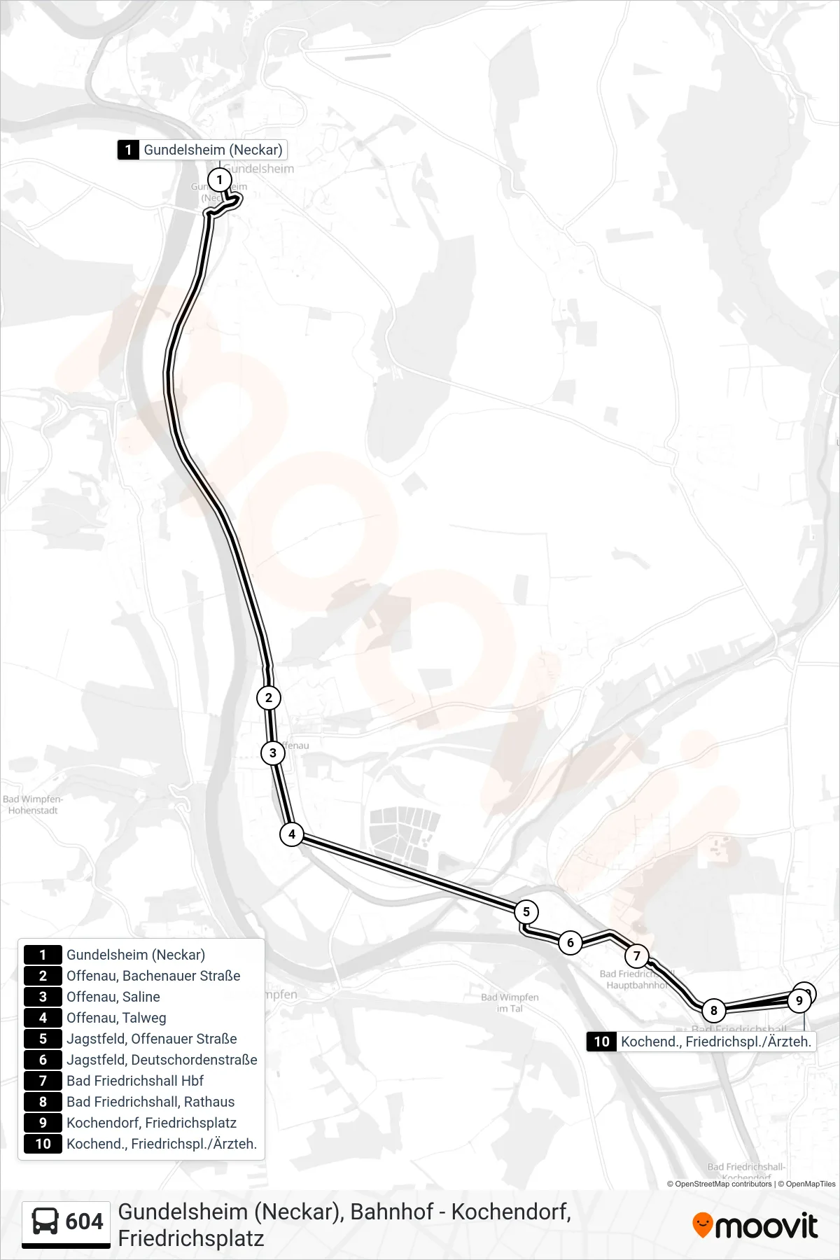 604 bus Line (Bad Friedrichshall, Rathaus) route and stops on a map