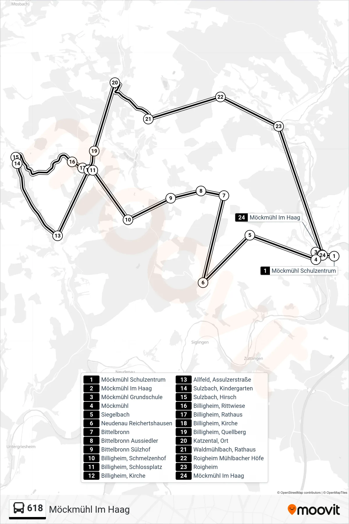 618 bus Line (Möckmühl Im Haag) route and stops on a map