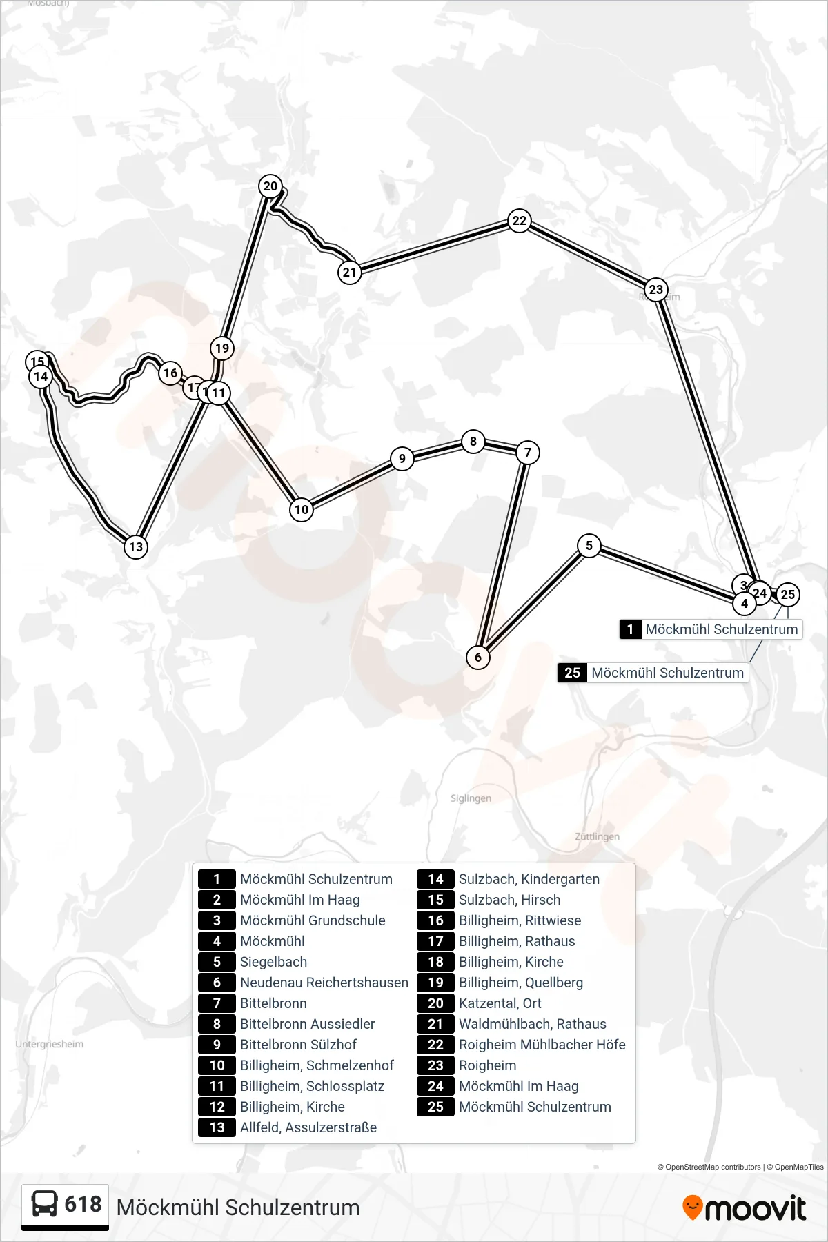 618 bus Line (Möckmühl Schulzentrum) route and stops on a map