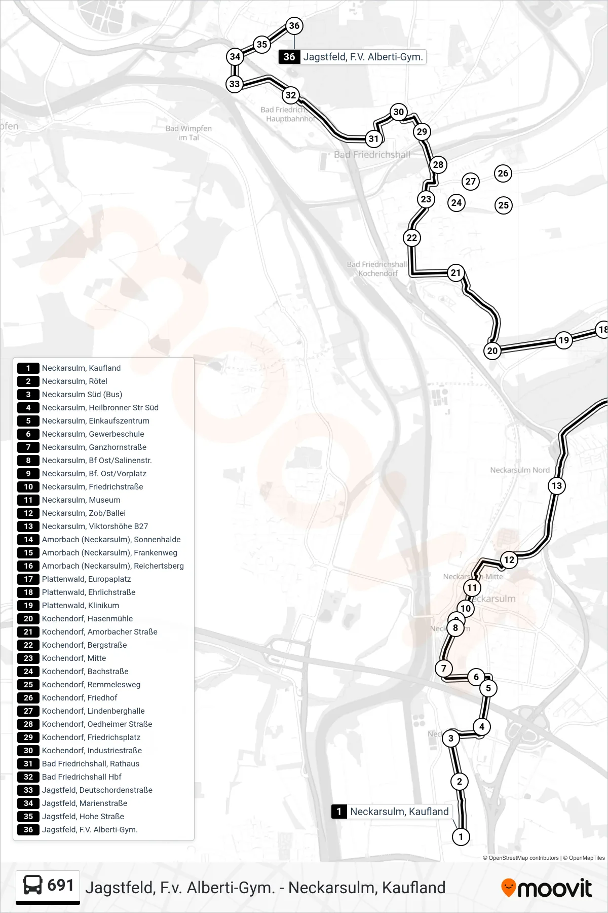 Linie 691 (Bus) Richtung Jagstfeld, F.V. Alberti-Gym.: Route und Haltestellen auf der Karte