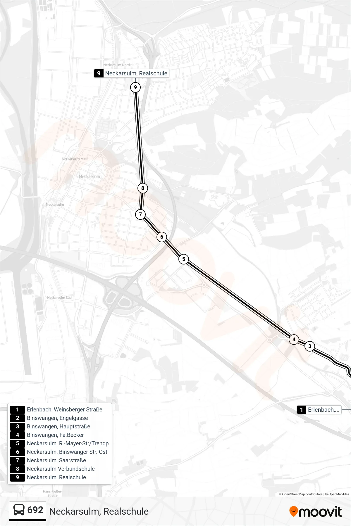 692 bus Line (Neckarsulm, Realschule) route and stops on a map
