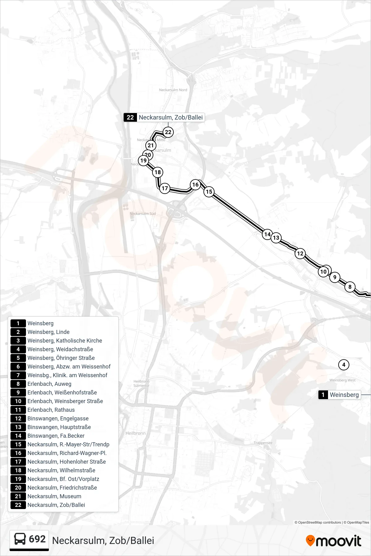 Linie 692 (Bus) Richtung Neckarsulm, Zob/Ballei: Route und Haltestellen auf der Karte