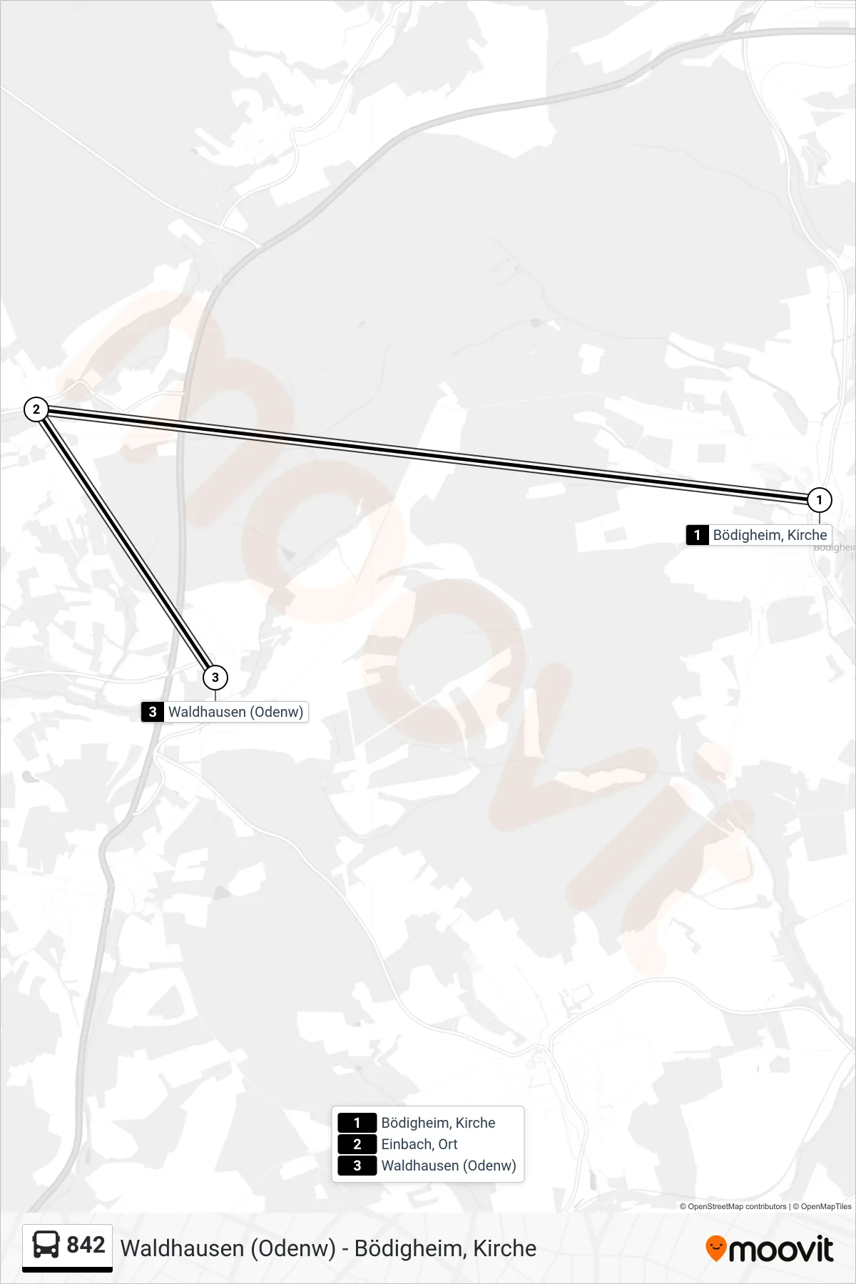 842 bus Line (Waldhausen (Odenw)) route and stops on a map