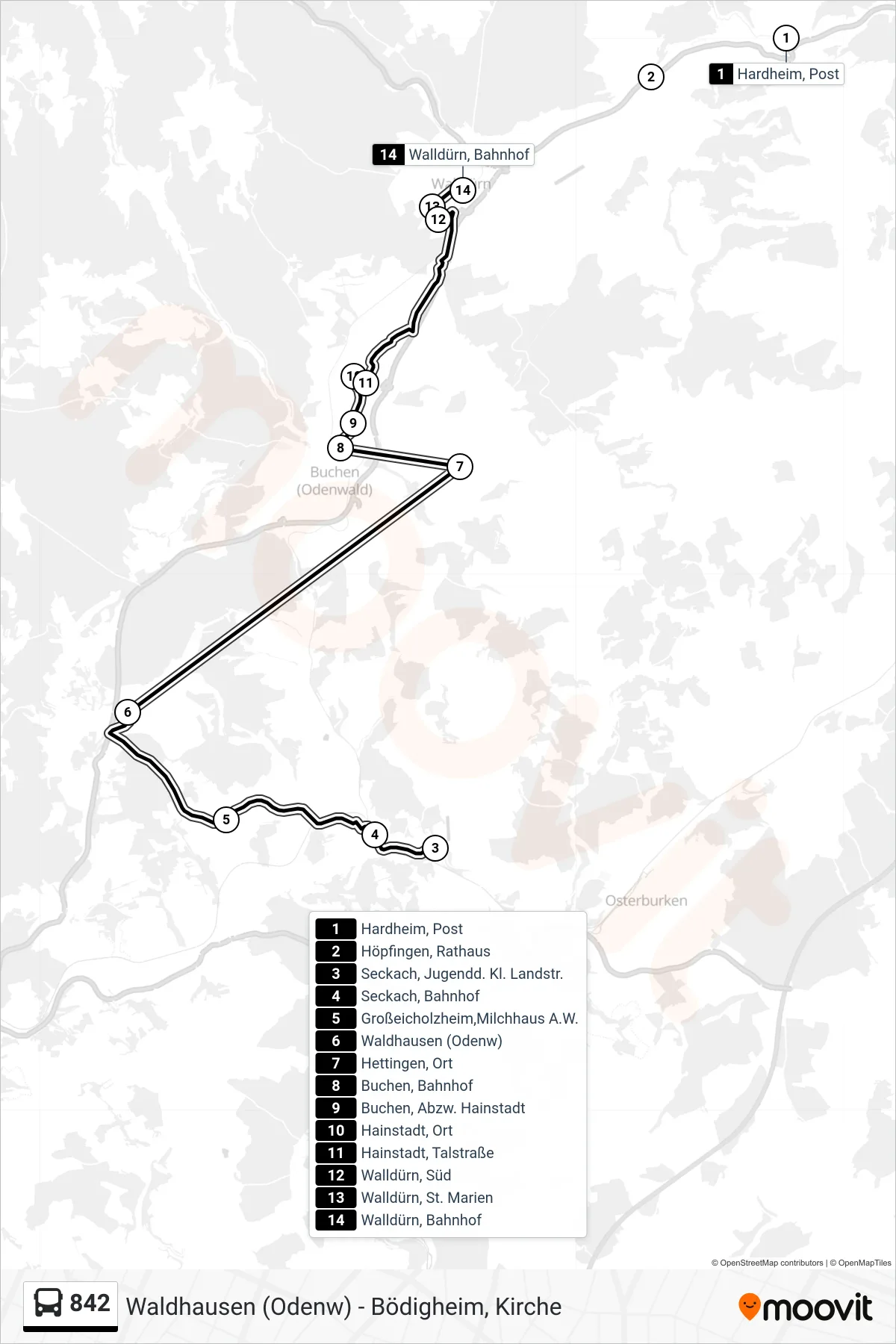 842 bus Line (Walldürn, Bahnhof) route and stops on a map