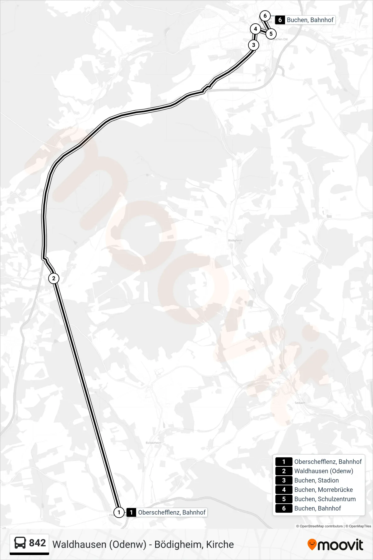 842 bus Line (Buchen, Bahnhof) route and stops on a map