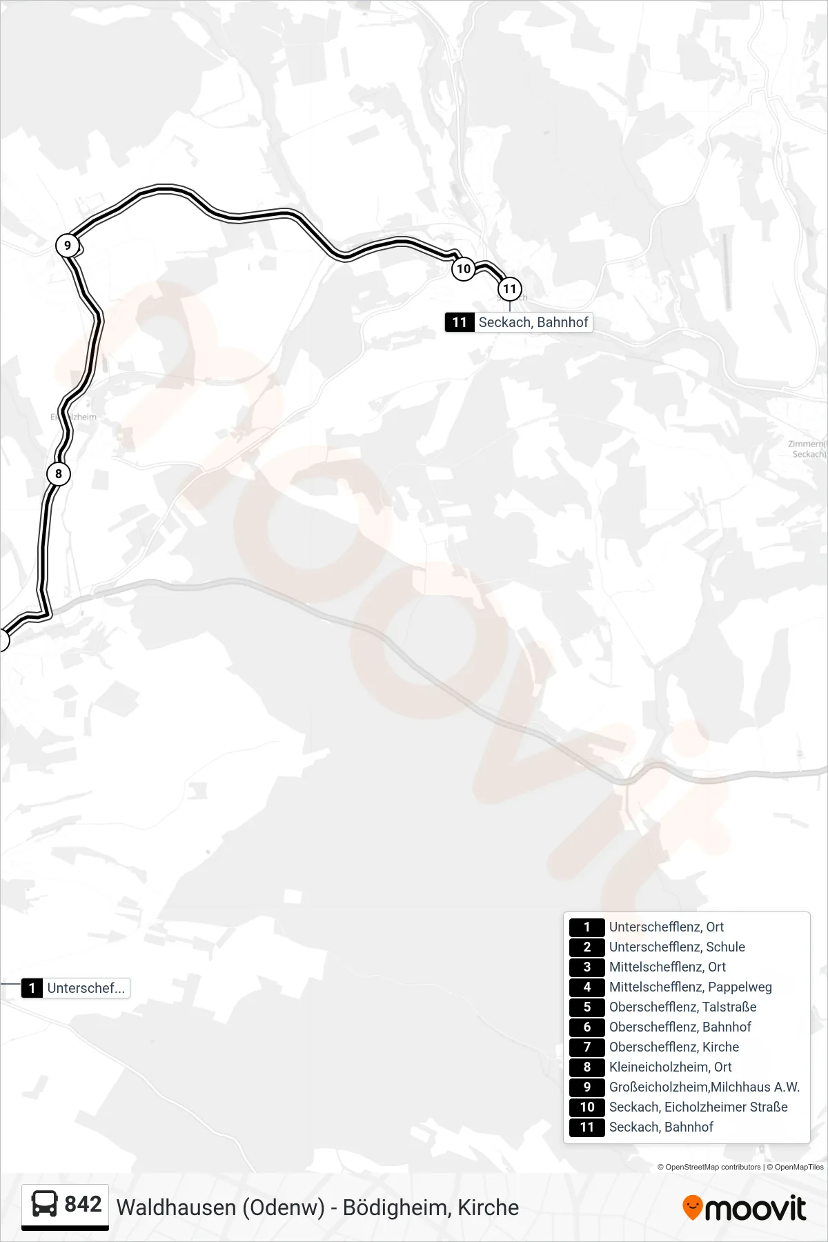 842 bus Line (Seckach, Bahnhof) route and stops on a map